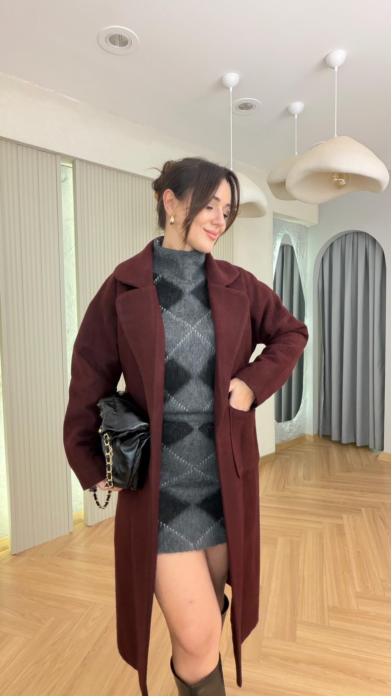 Bordo Liche Kuşaklı Kaşe Kaban