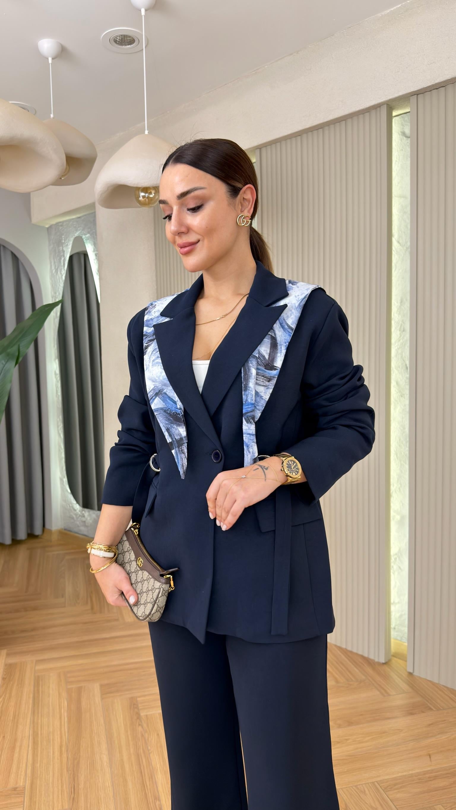 Lacivert Şal Detaylı Tasarım Blazer Takım