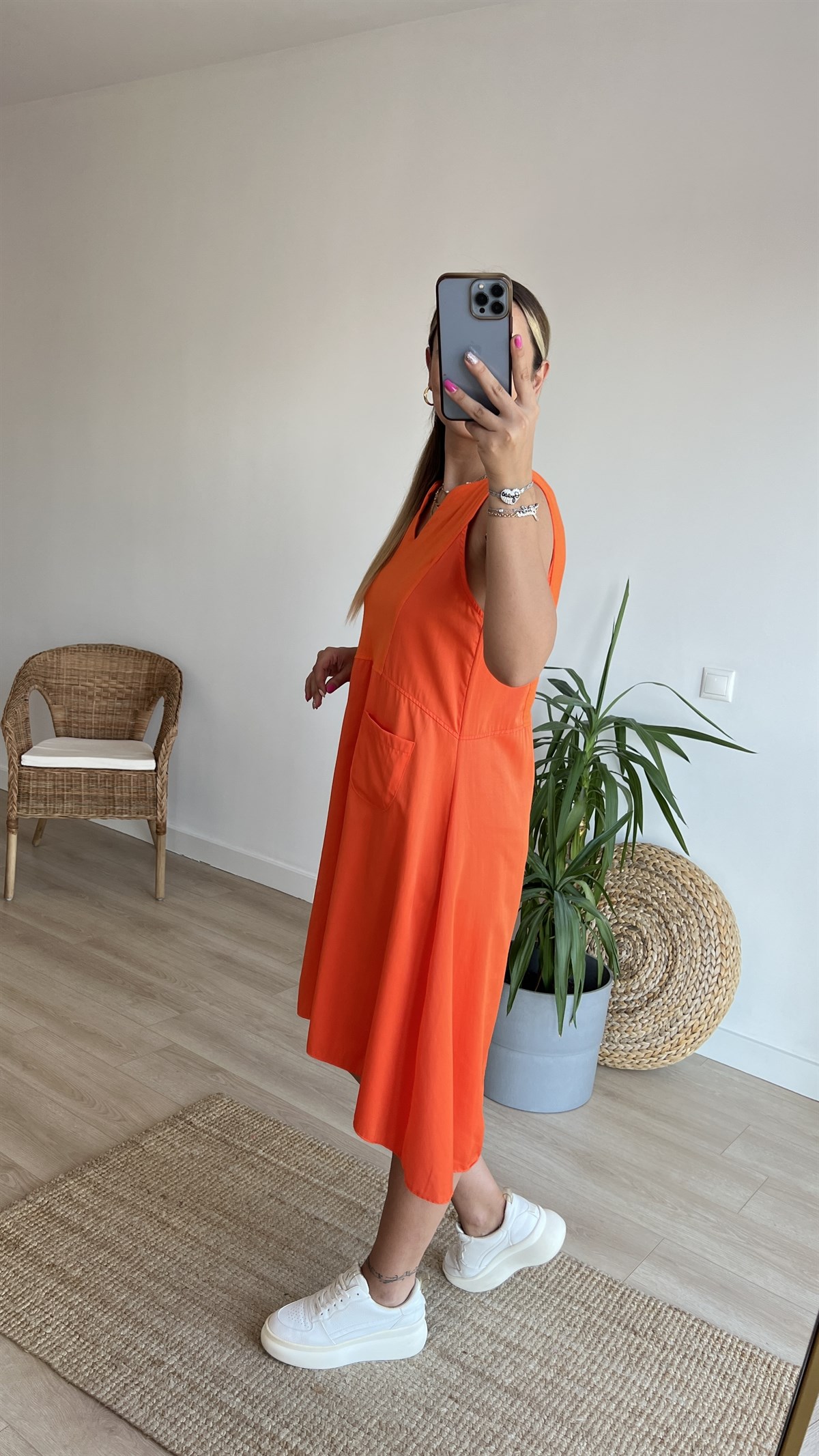 Poplin Detaylı Cepli Turuncu Elbise 
