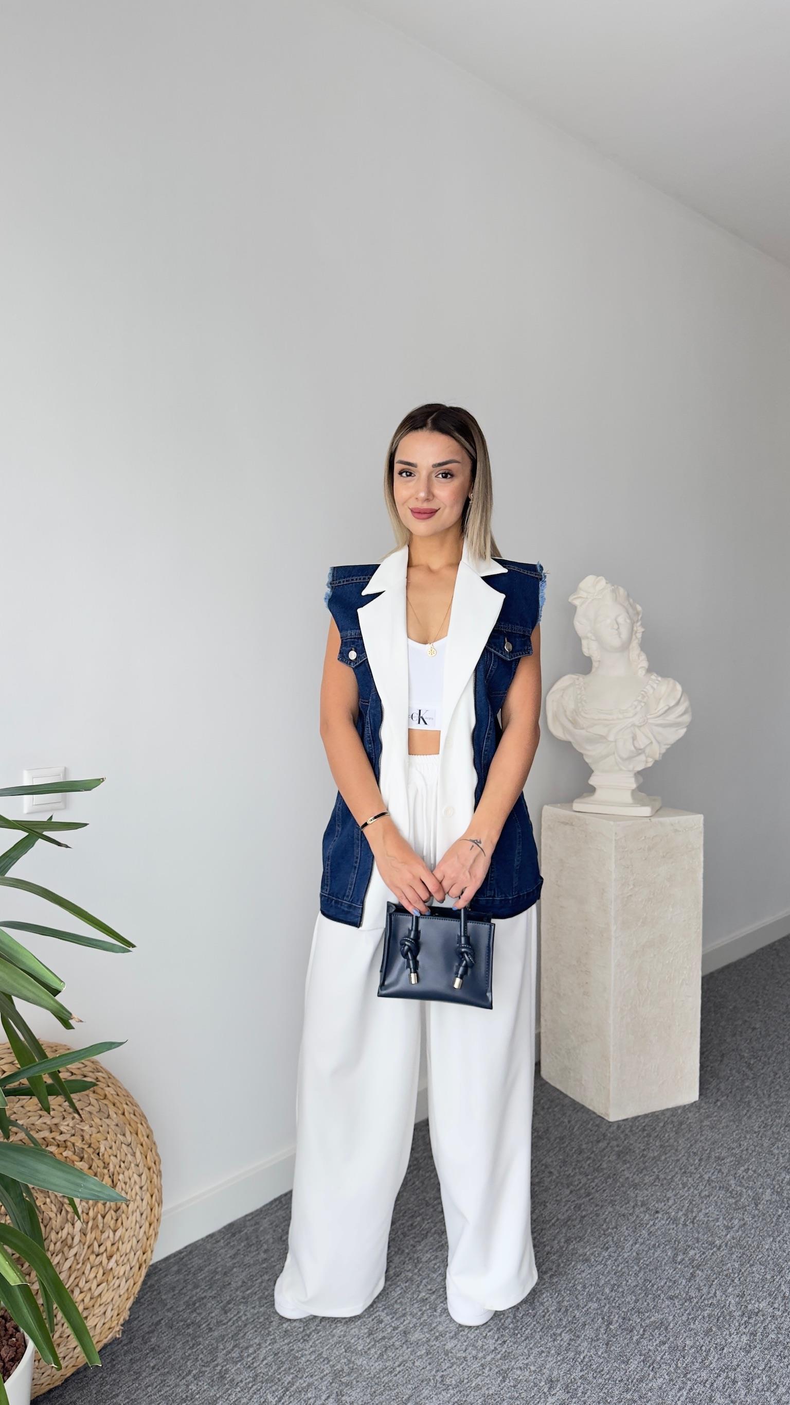 Beyaz Noctur Tasarım Jean Yelekli Takım