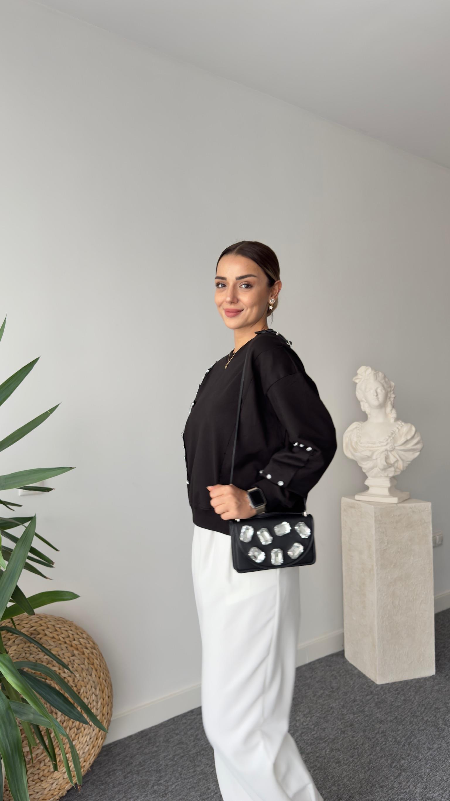 Orj Model Büyük Taş Detaylı Siyah Sweat