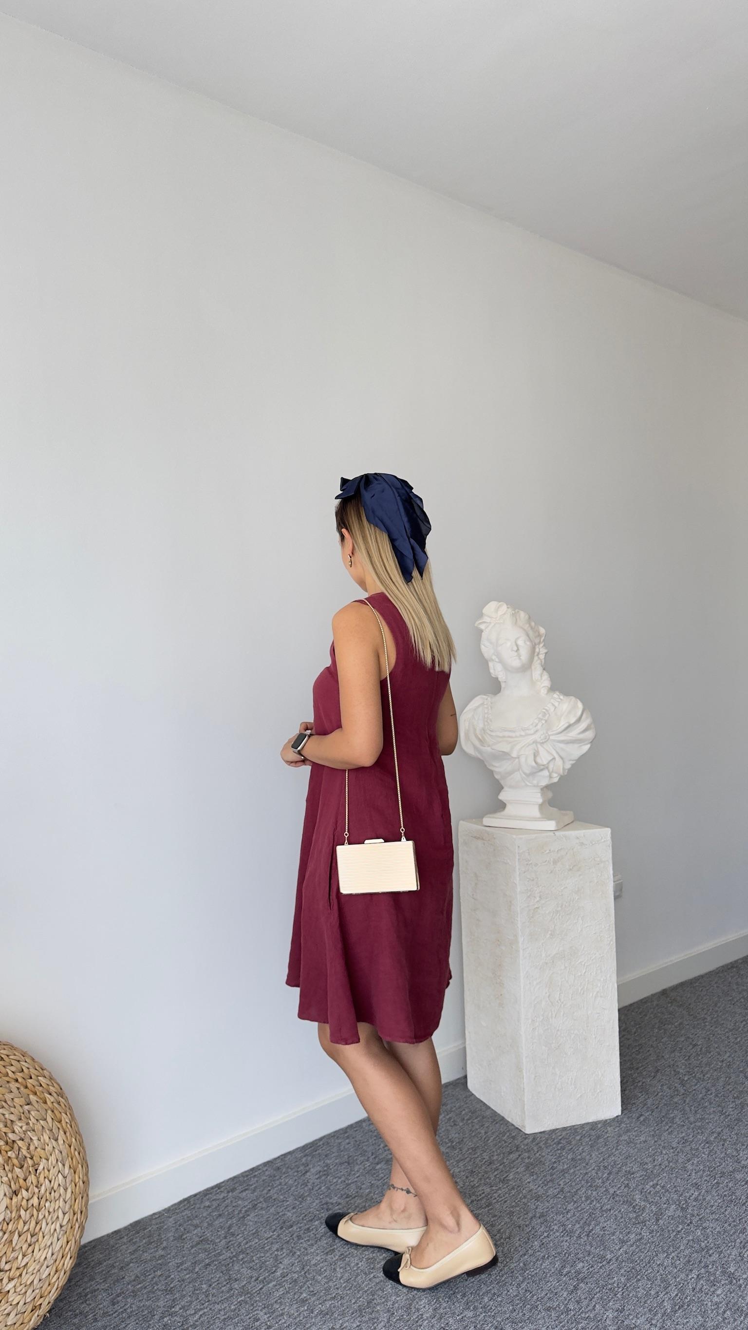 Kolsuz Keten Bordo Elbise 