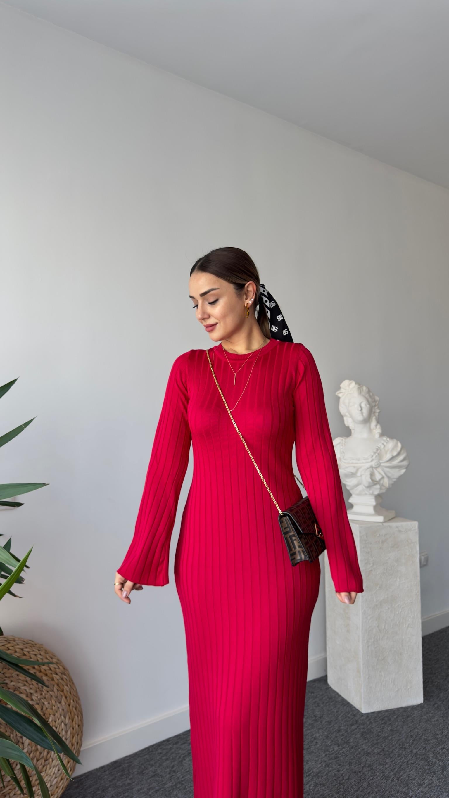 Rudi Zra Model Kırmızı Çelik Triko Elbise 