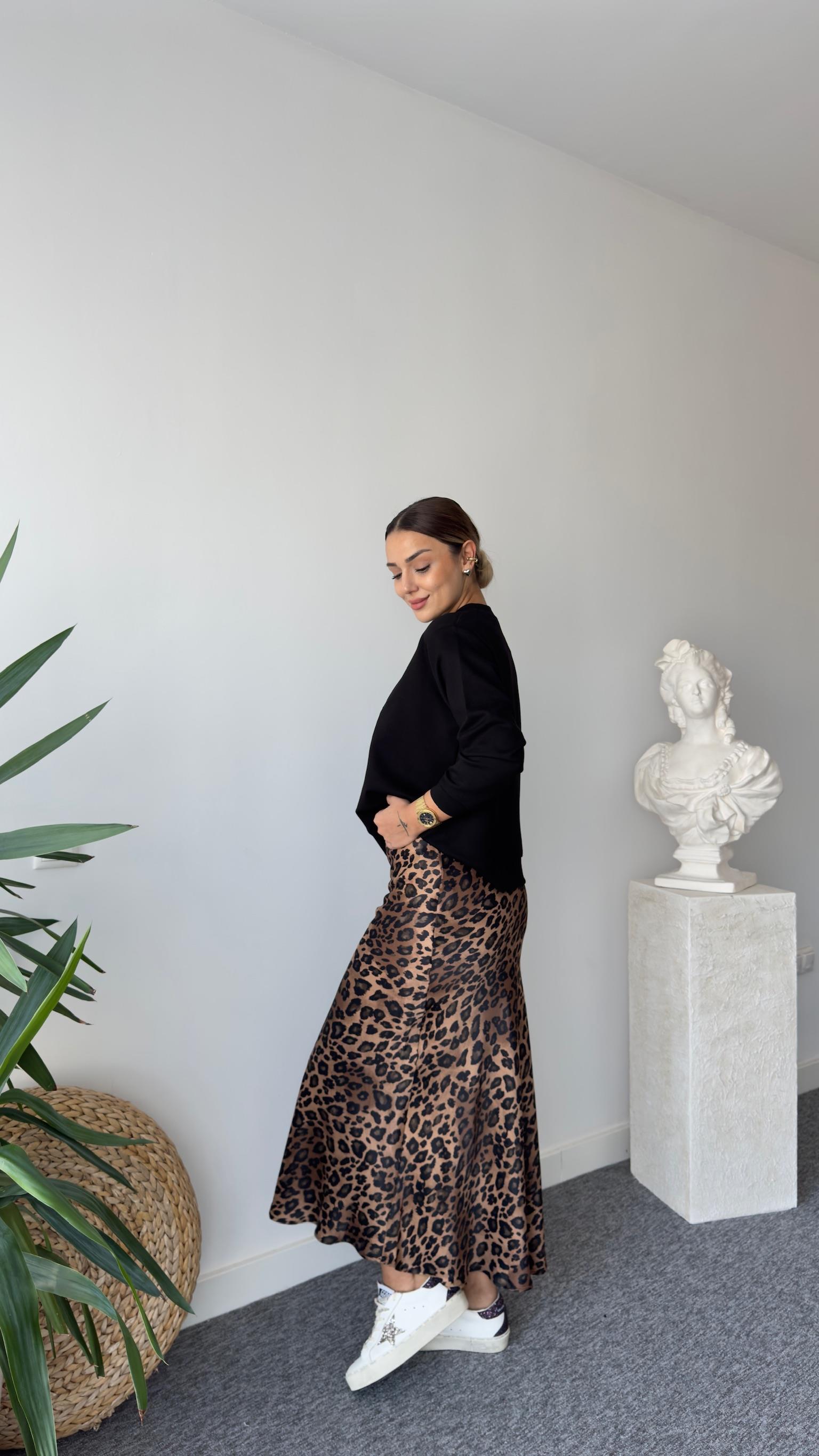 Ricar Kahve Leopar Desenli Etek Sweat Takım