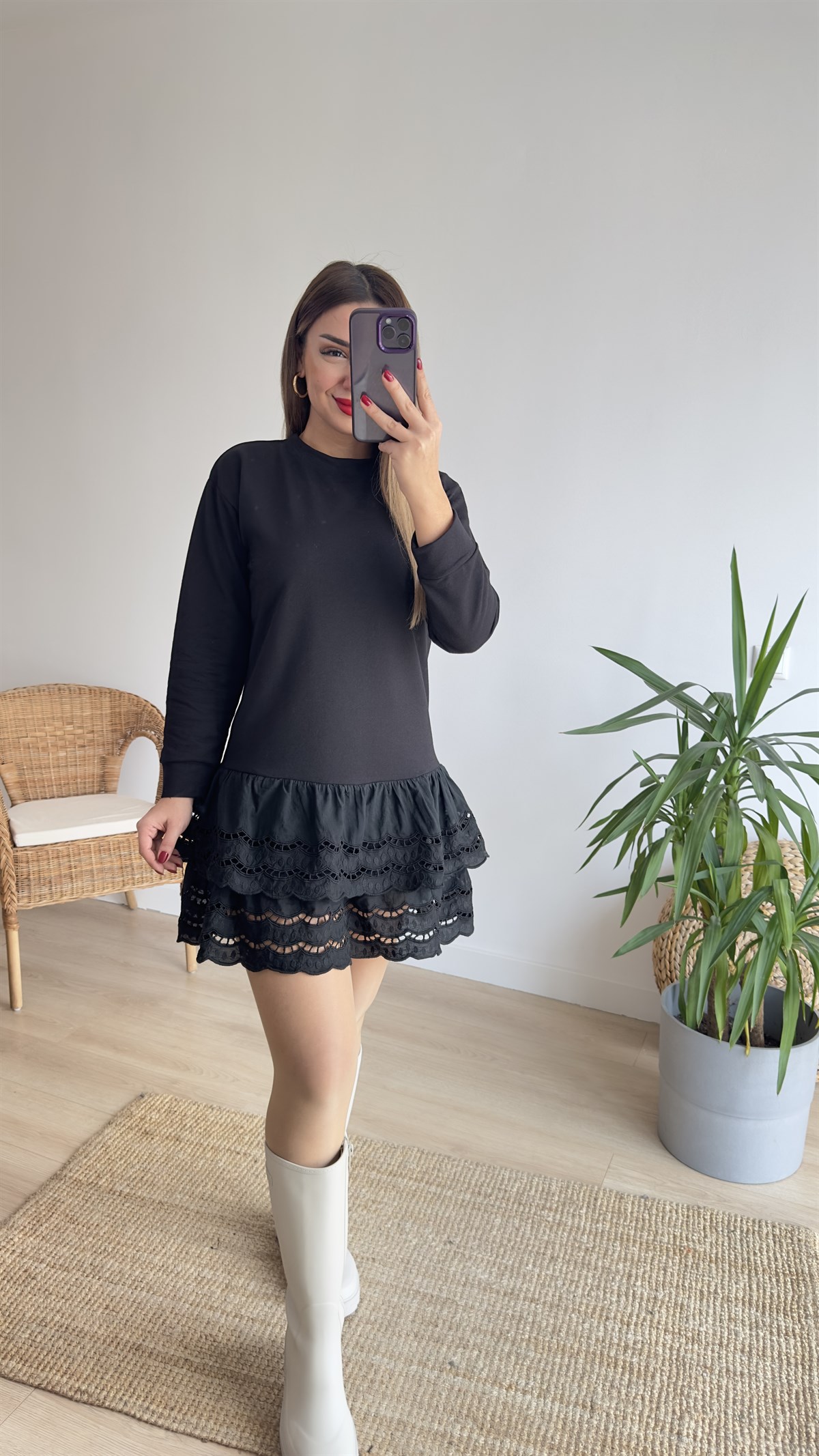 Eteği Fistolu Siyah Sweat Elbise 