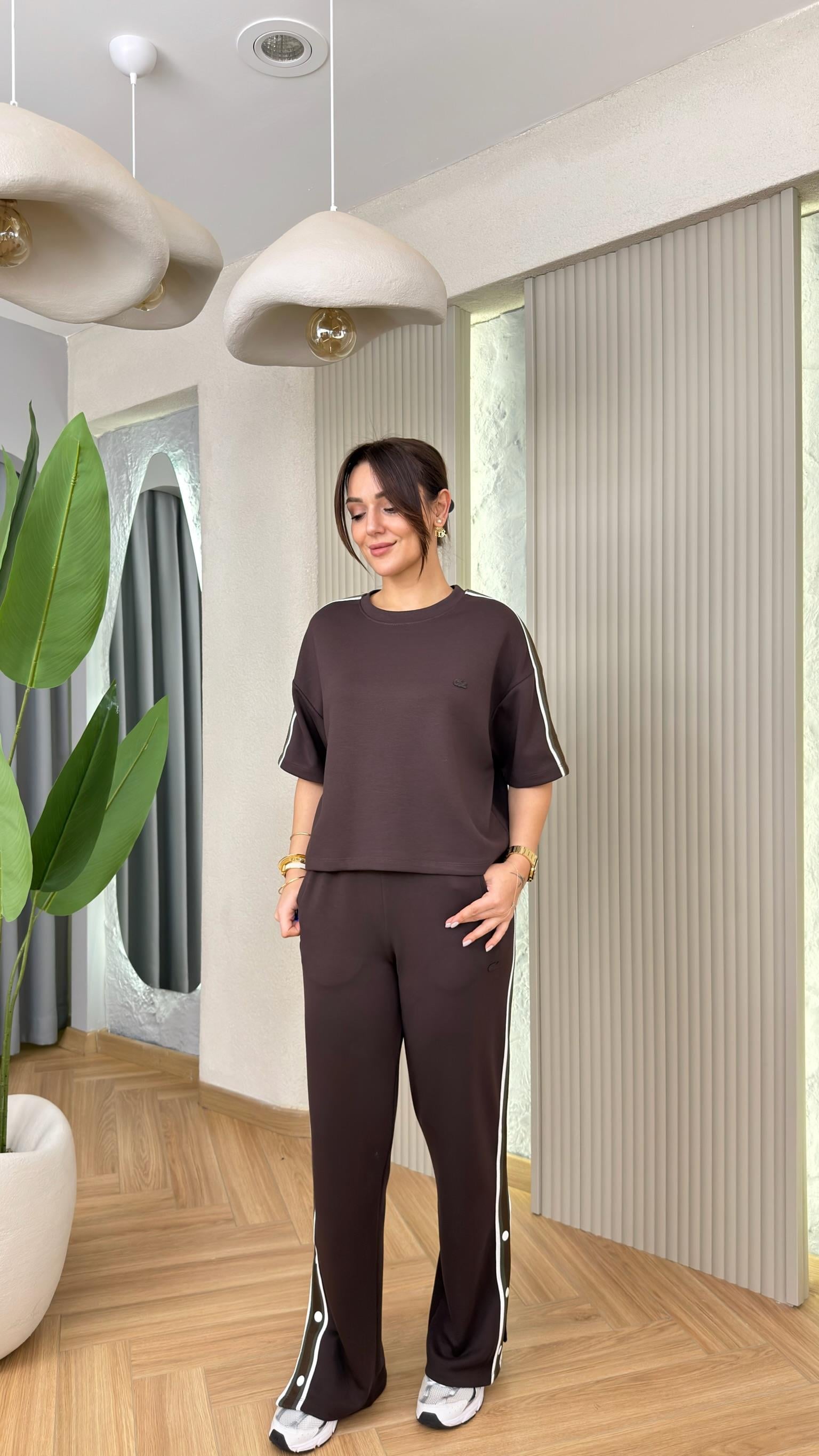 Kahve Coste Şerit Detaylı Paça Çıtlı Modal Takım 