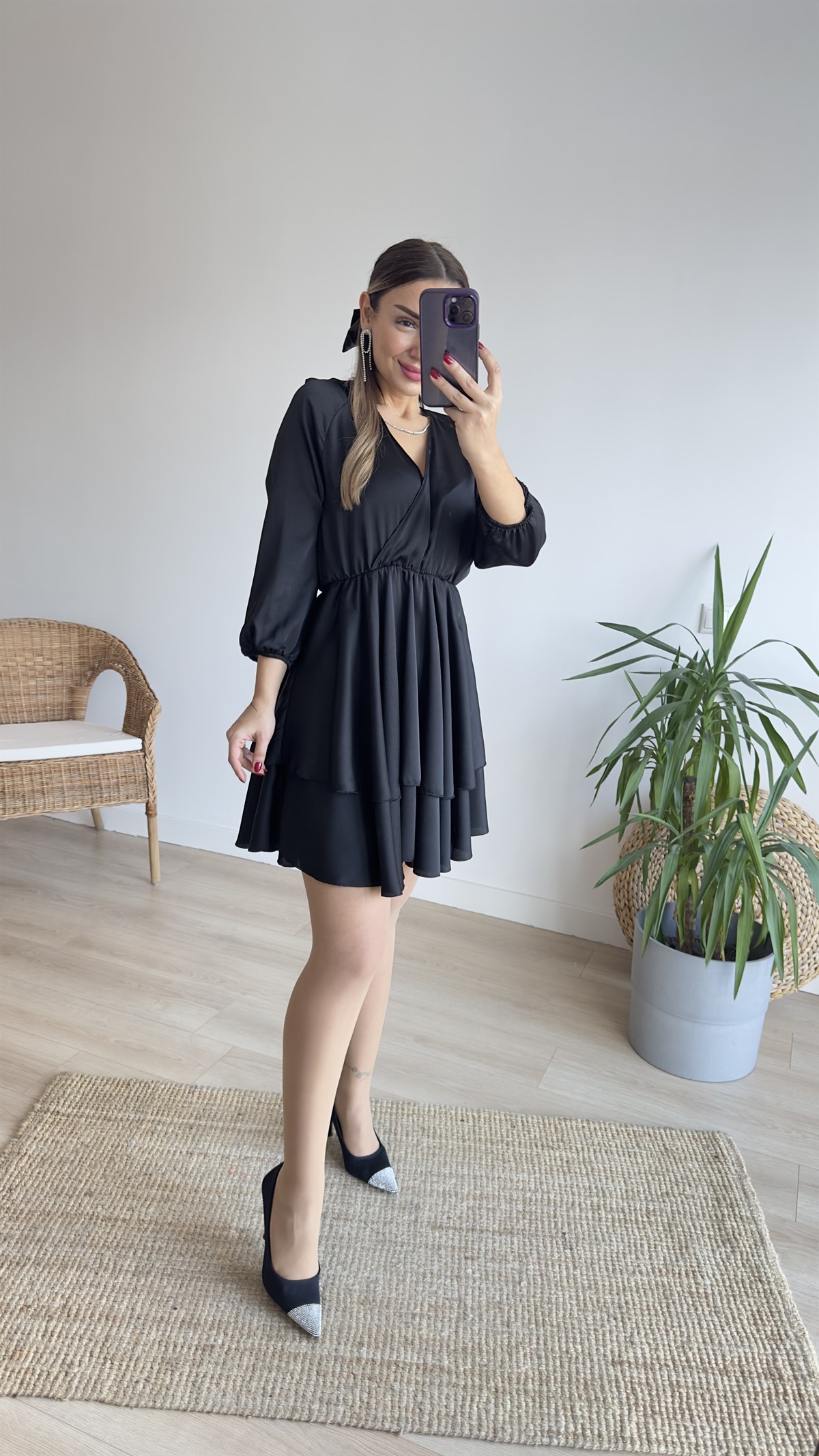 Beli Lastikli Kruvaze Siyah Elbise