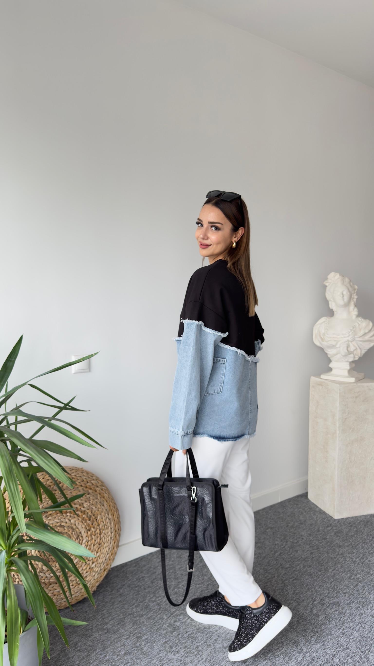 New Asimetrik Kot Detay Siyah Tasarım Sweat