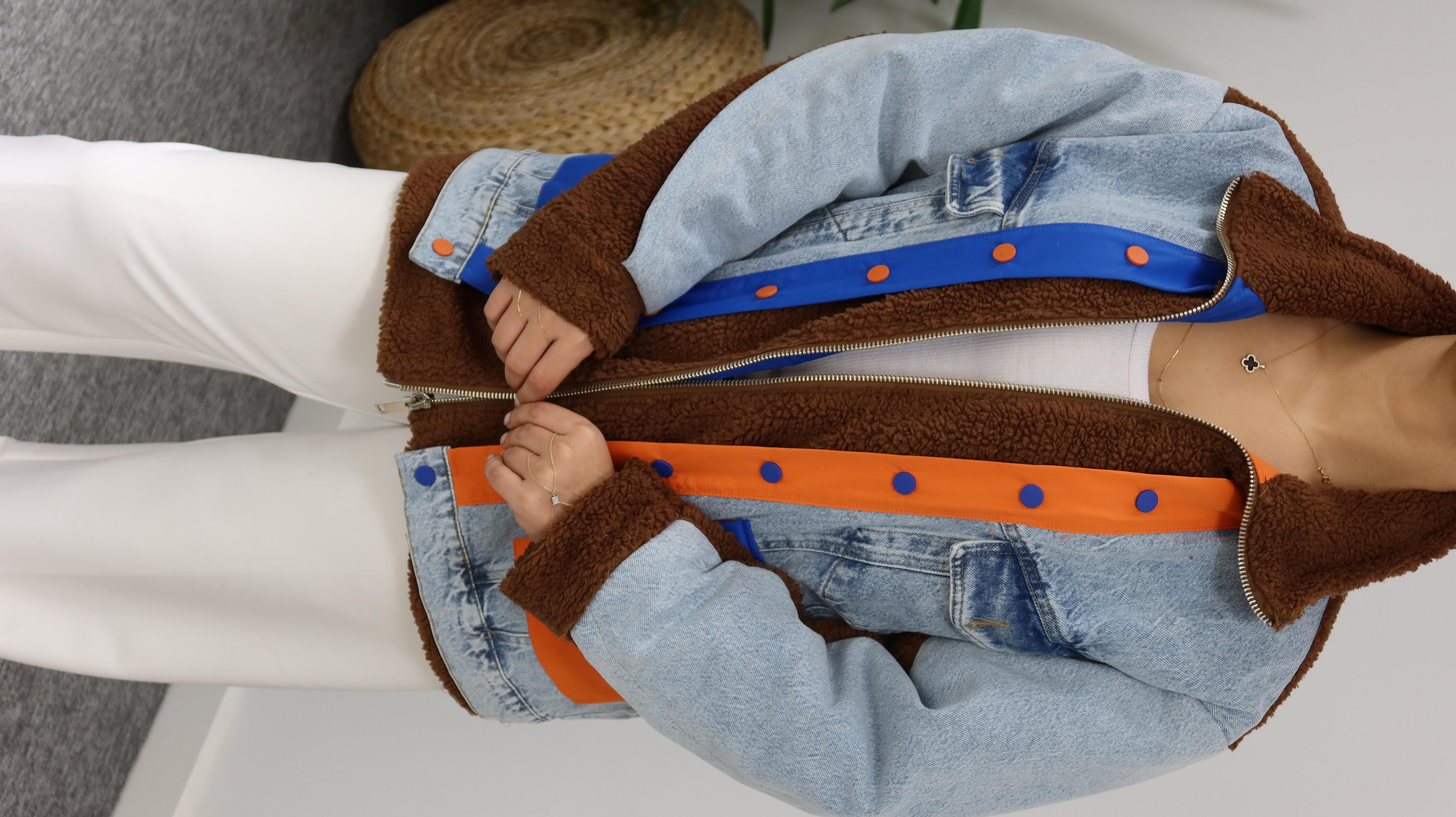 Kahve Denim Mix Turuncu Detay Peluş Mont 