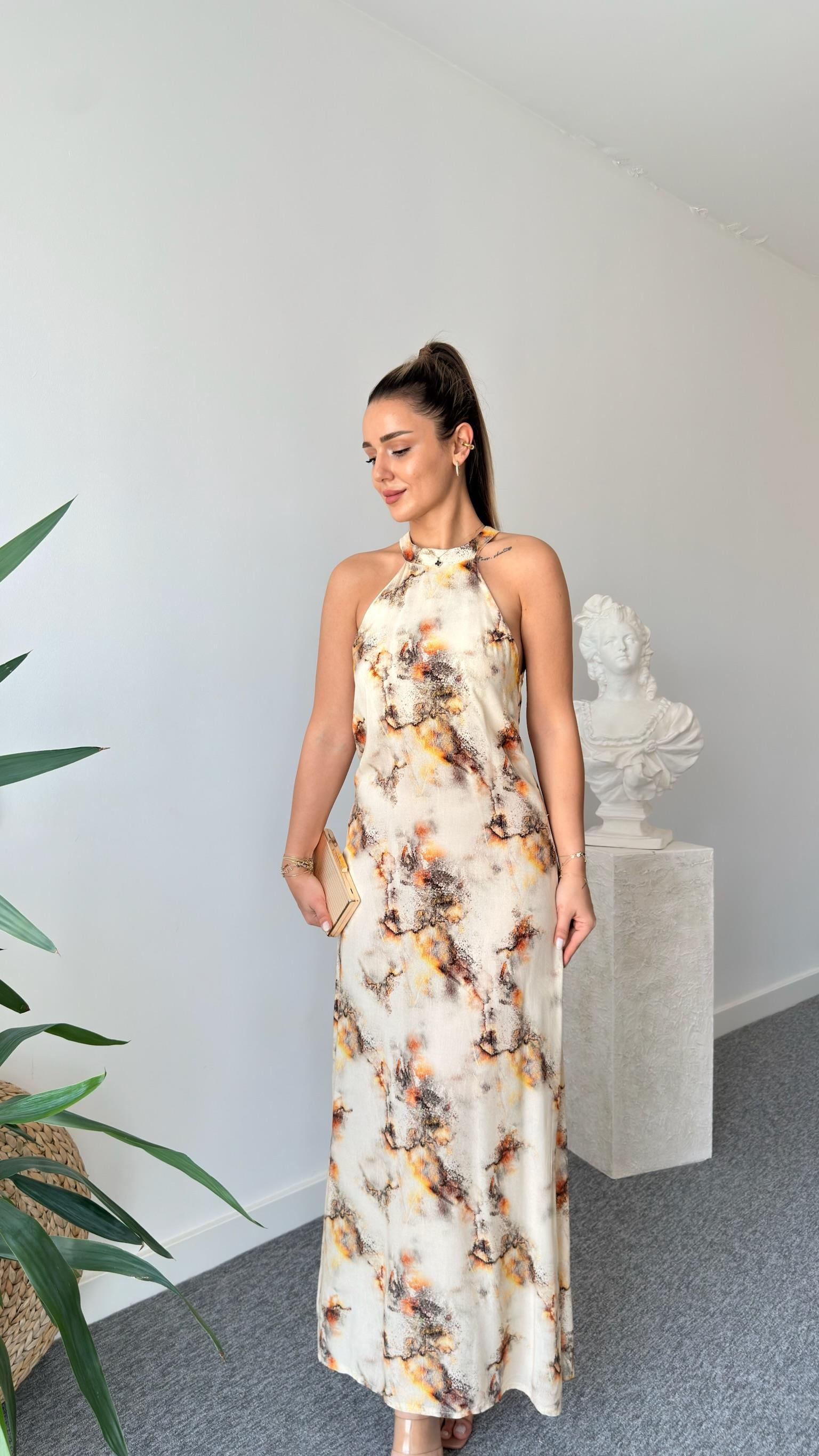 Essen Halter Yaka Desenli Elbise