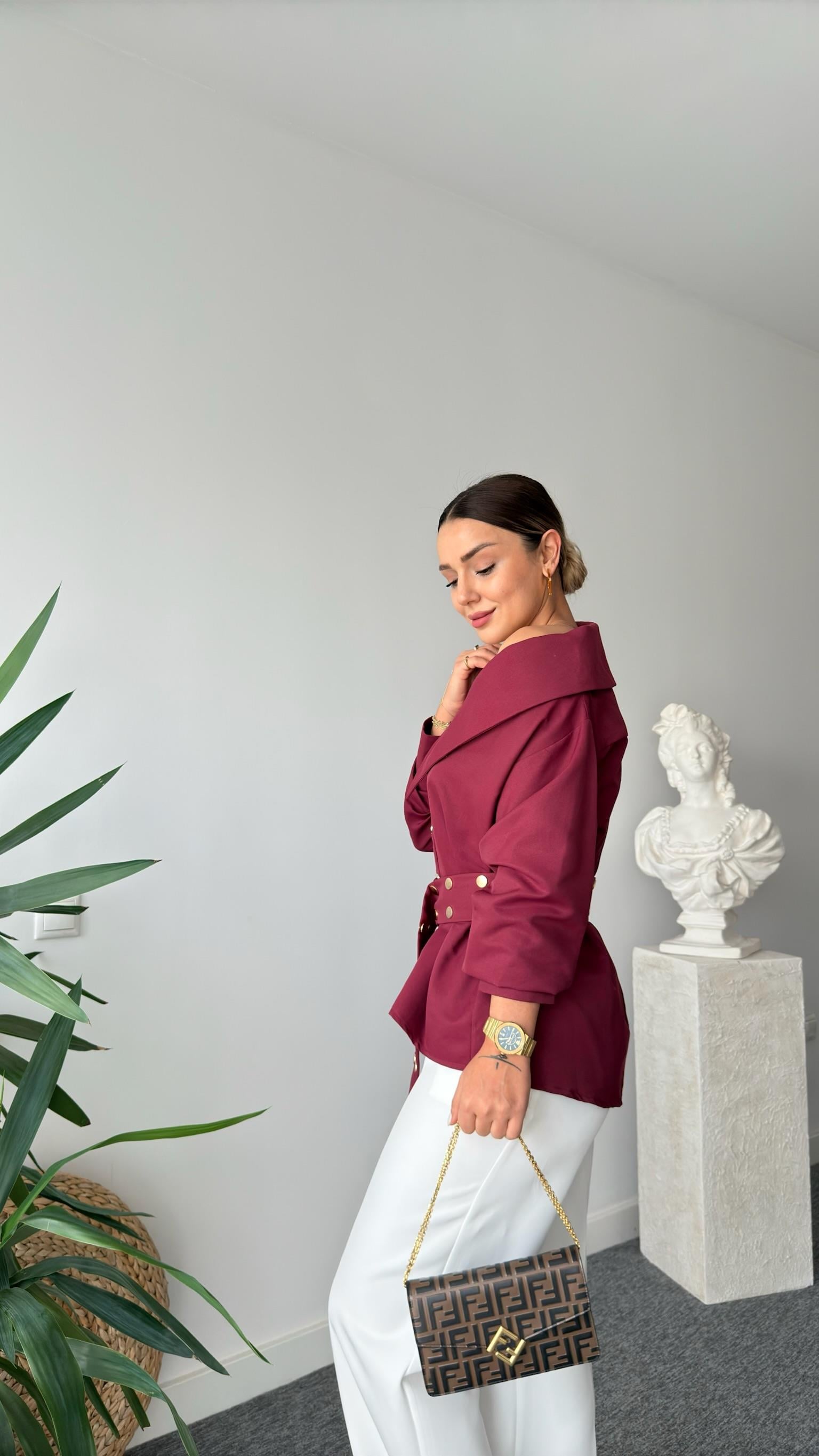 Dianes Marka Model Kemerli Tasarım Bordo Gömlek 