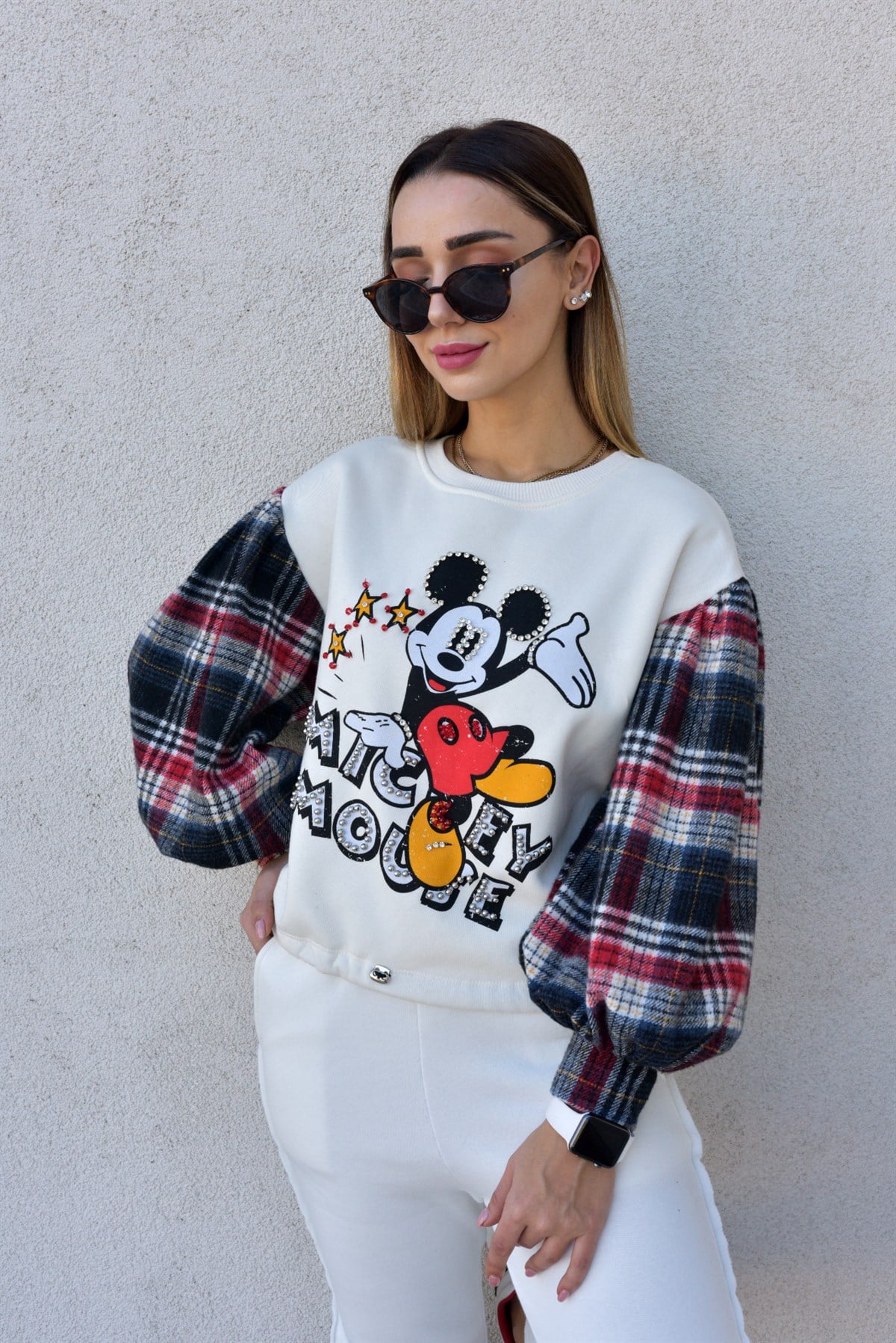 Kolları Ekose Detaylı Ekru Mickey Sweat	