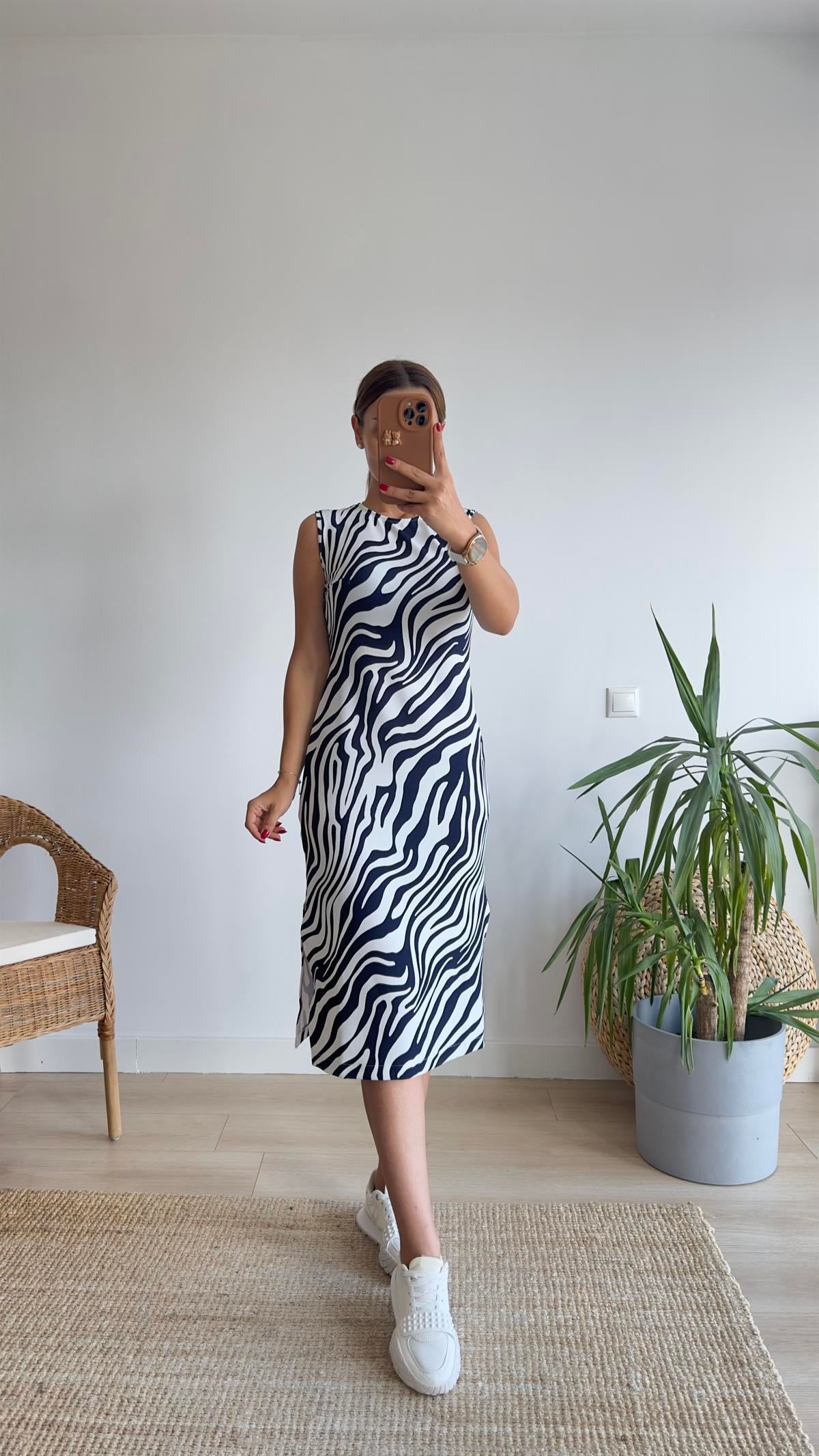 Teul Lacivert Zebra Desenli Elbise