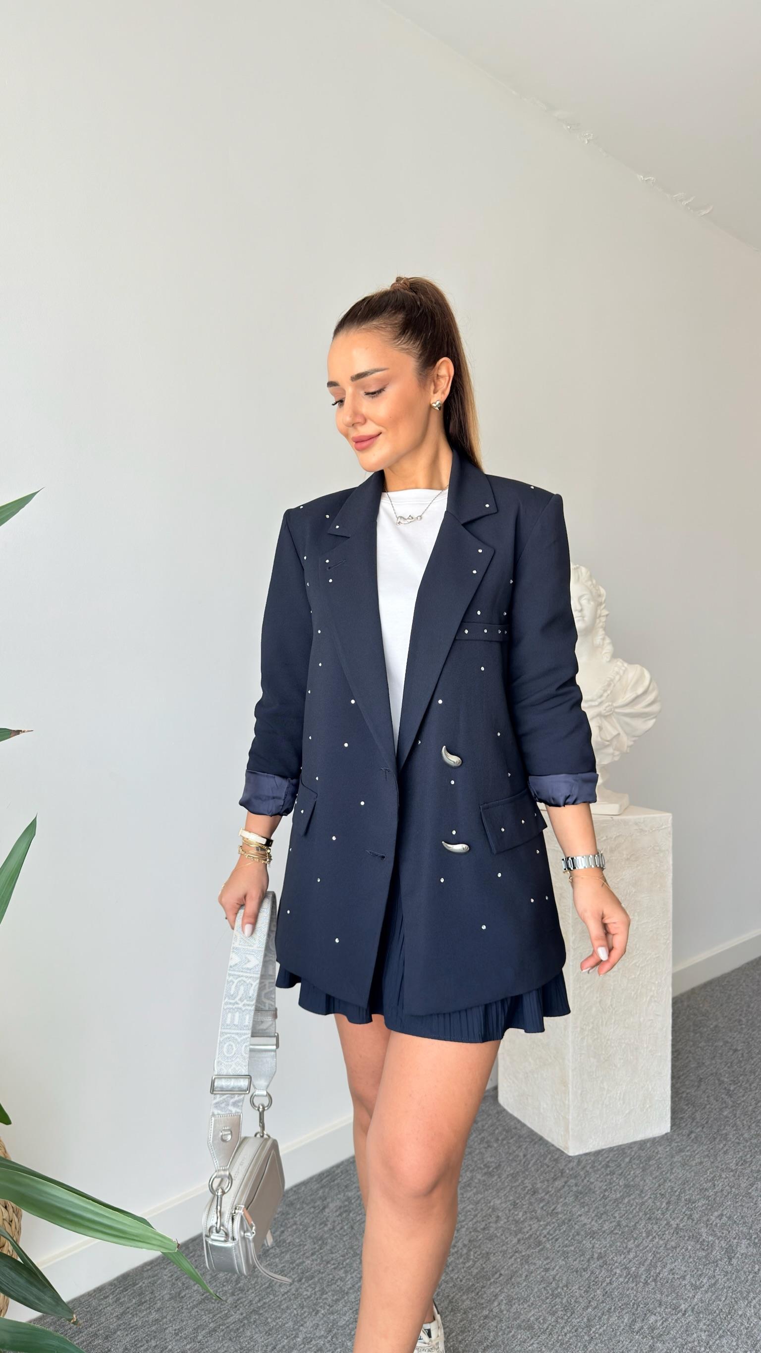 Lacivert Sia Taş Detaylı Blazer Ceket