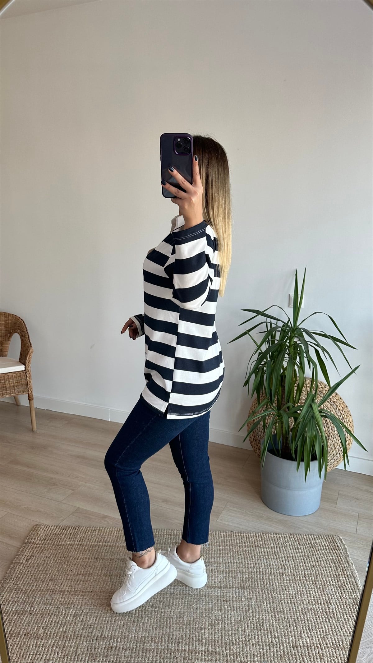 Polo Yaka Kalın Çizgili Basic Sweat