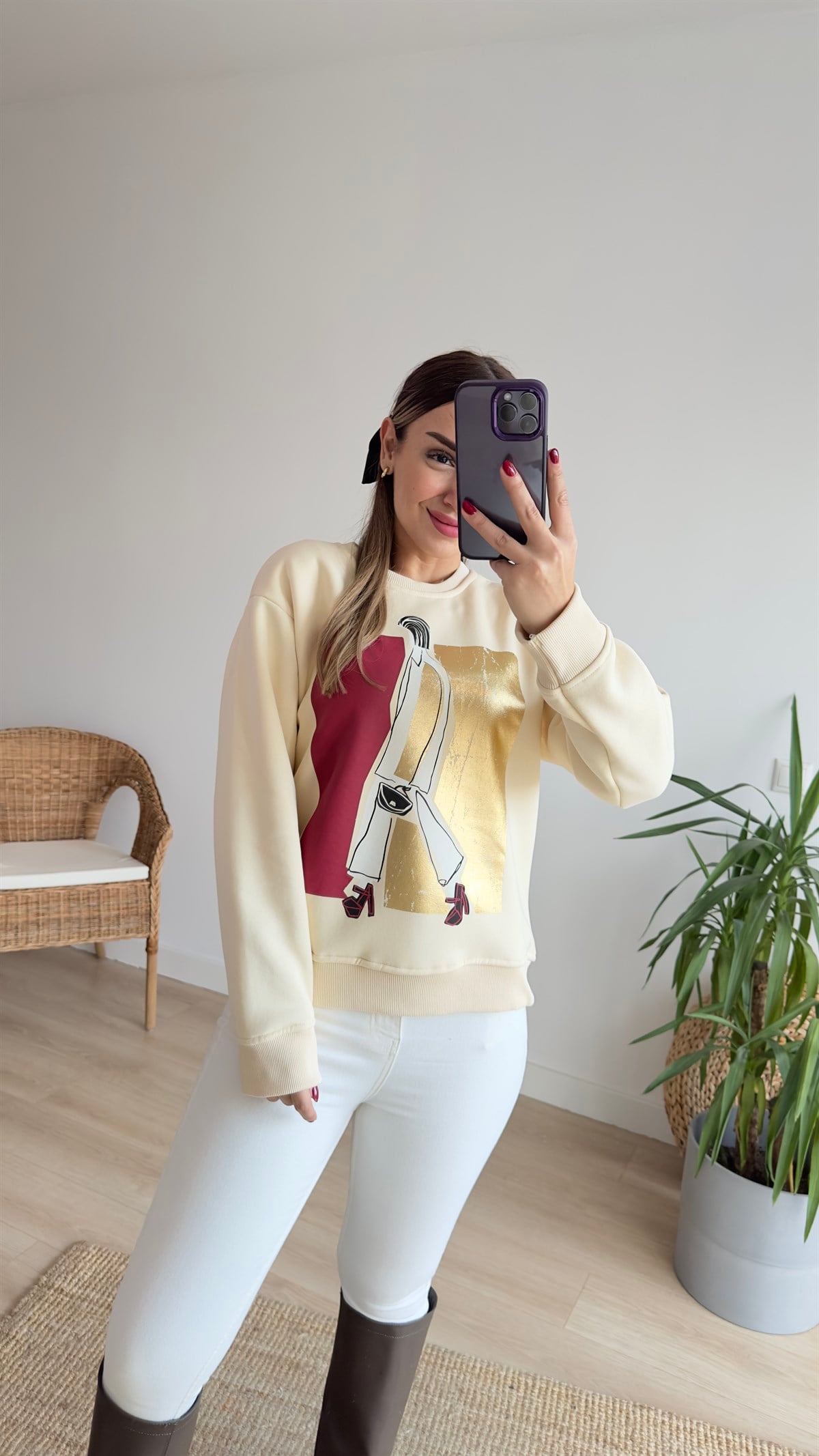 Varak Desenli Şardonlu Ekru Sweat