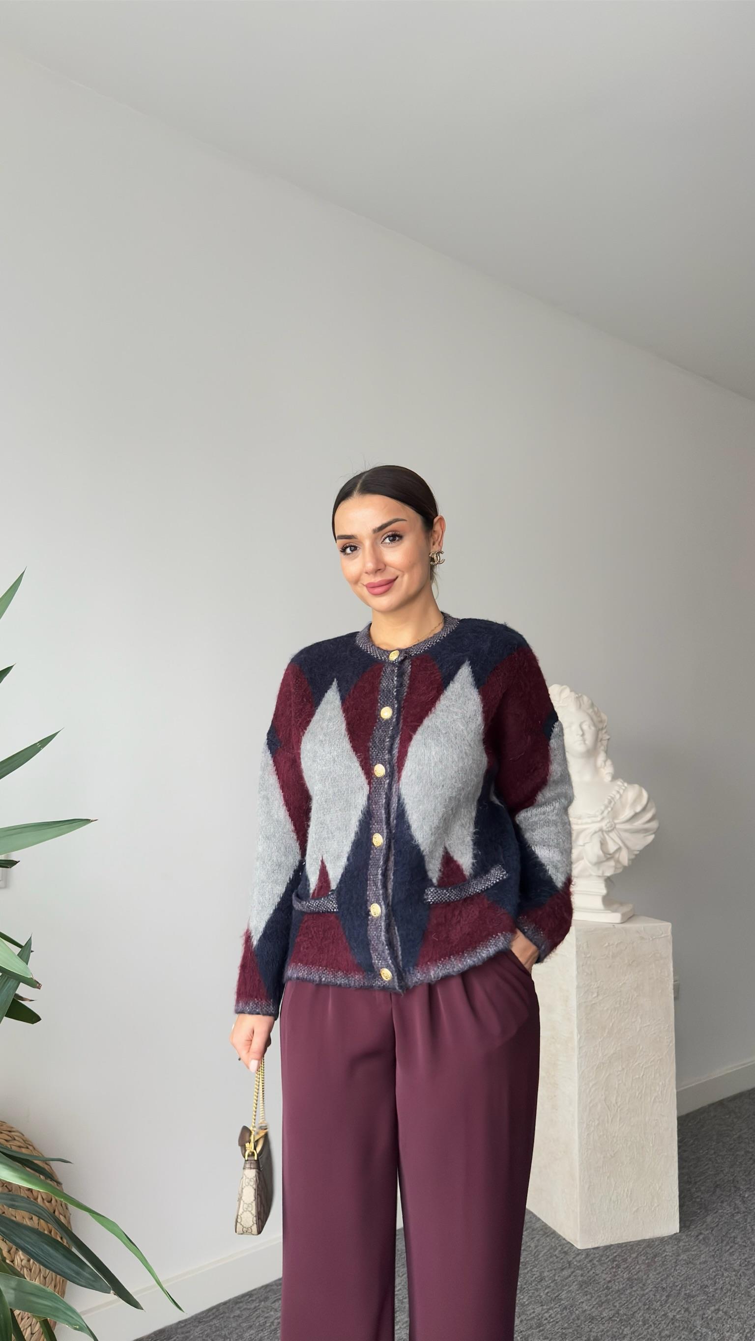 Çok Renkli Geniş Baklava Desenli Hırka