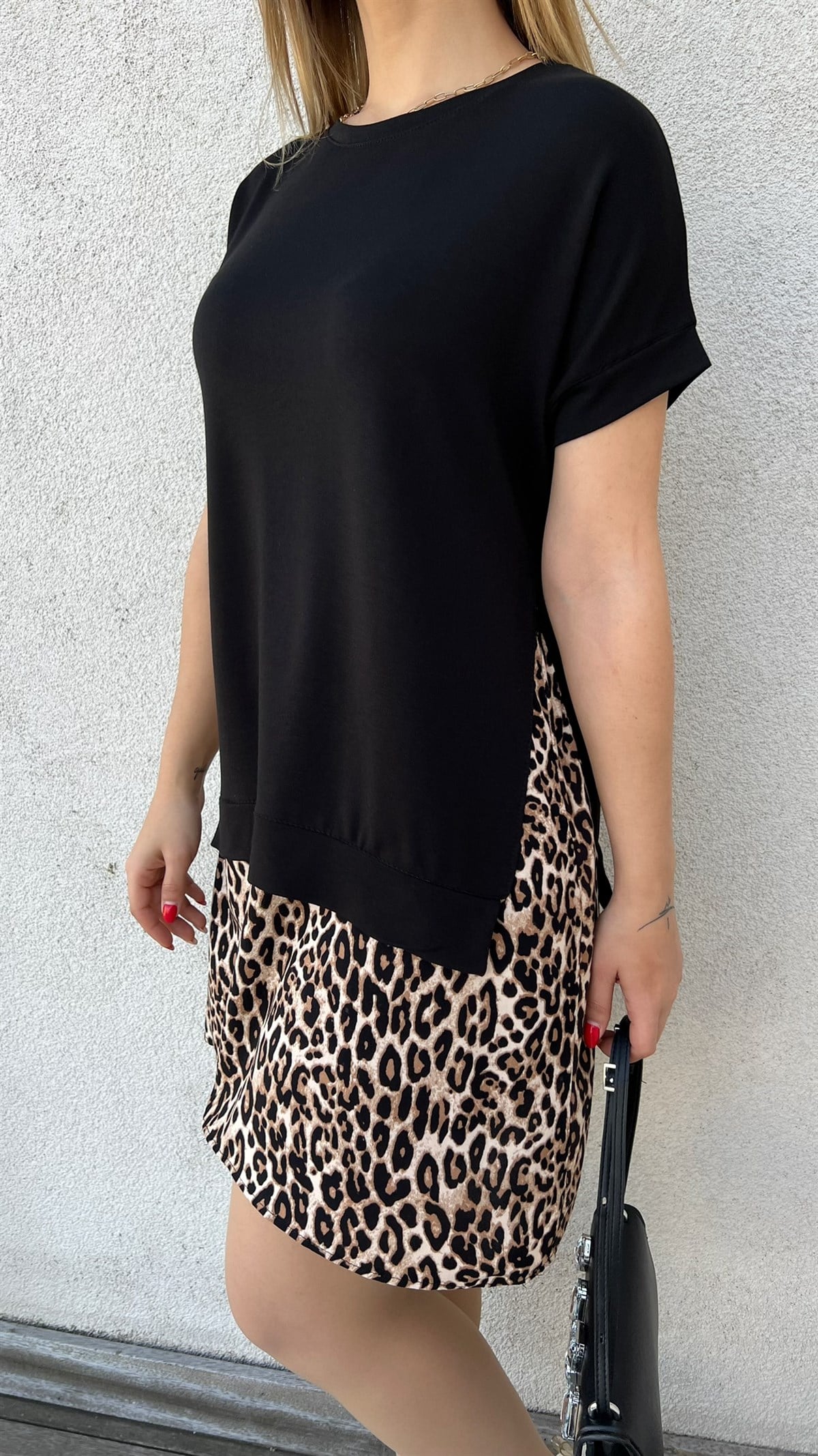Leopar Desenli Siyah Elbise