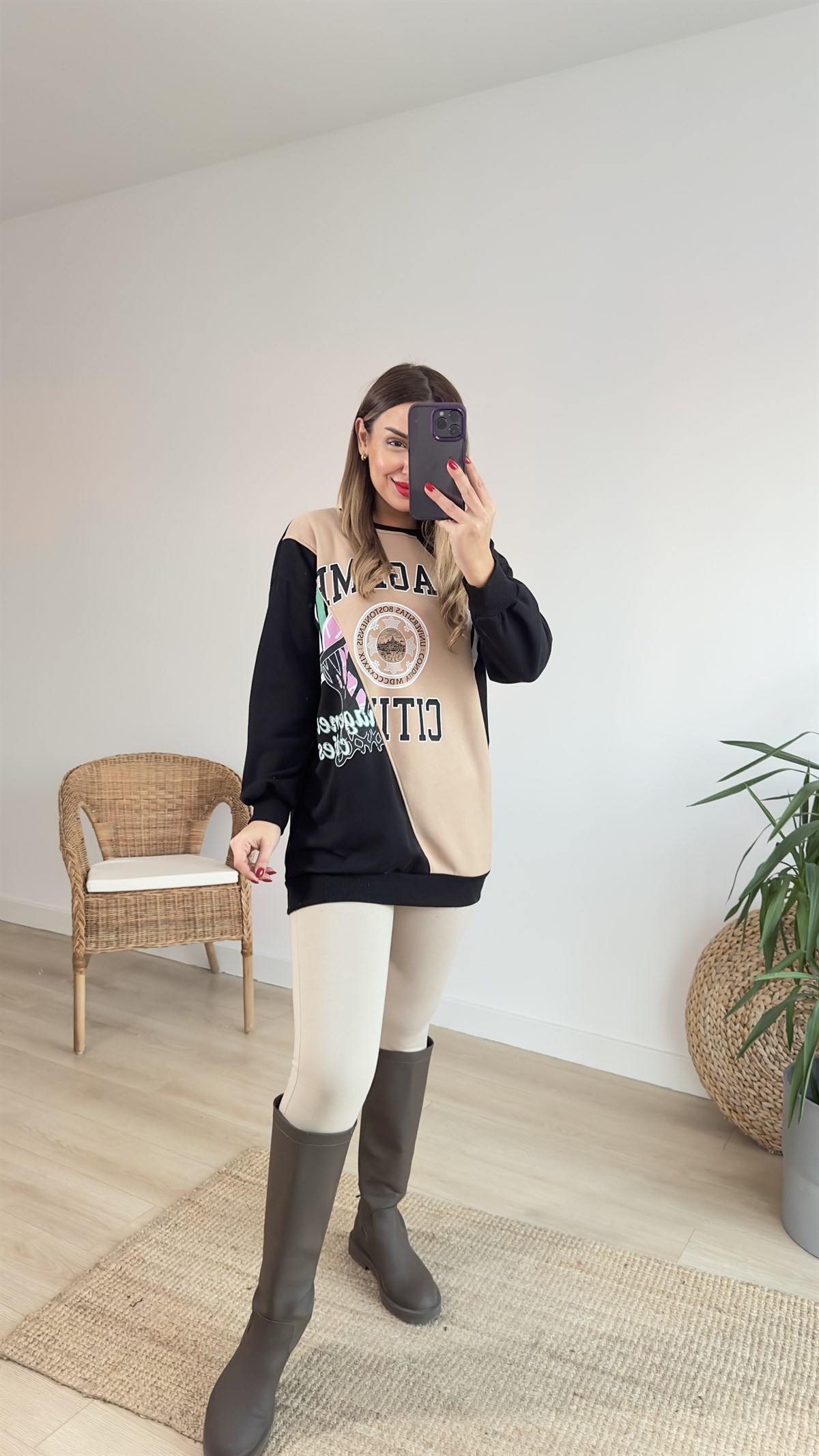 Çift Renk Baskılı Siyah Sweat	