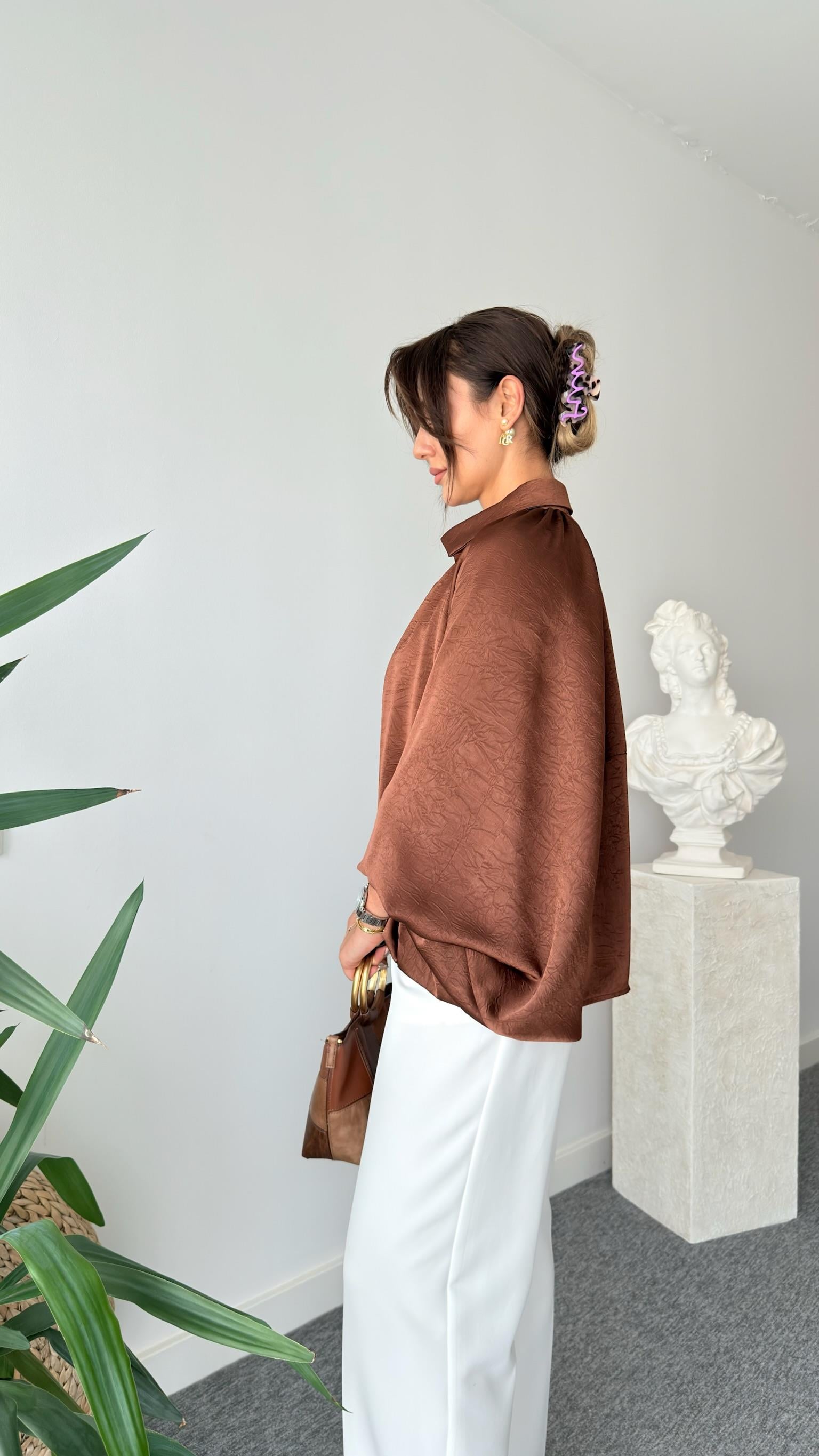 Kahve Seru Zra Model Oversize Saten Ceket   