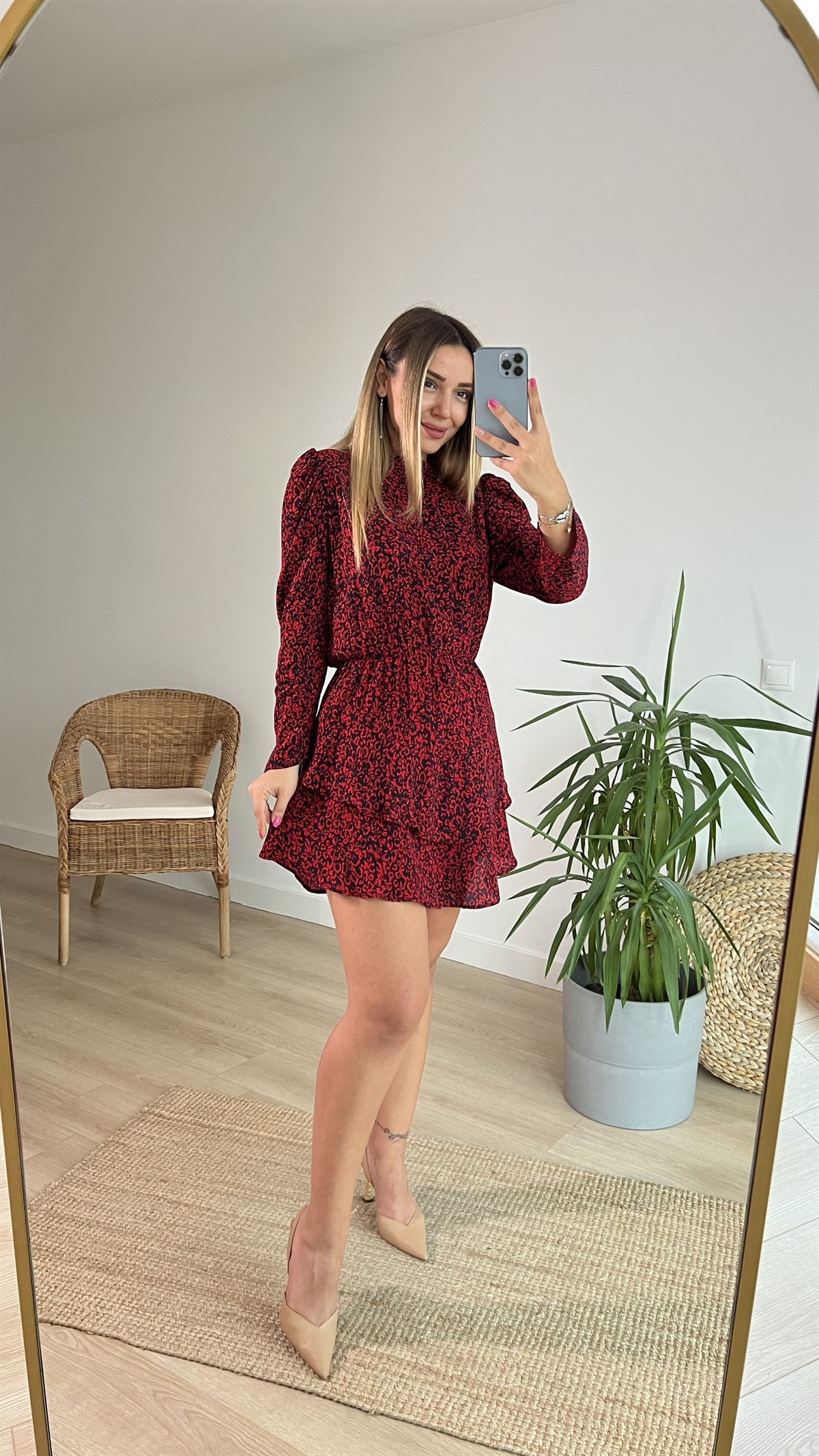  Kırmızı Leopar Desen Elbise 