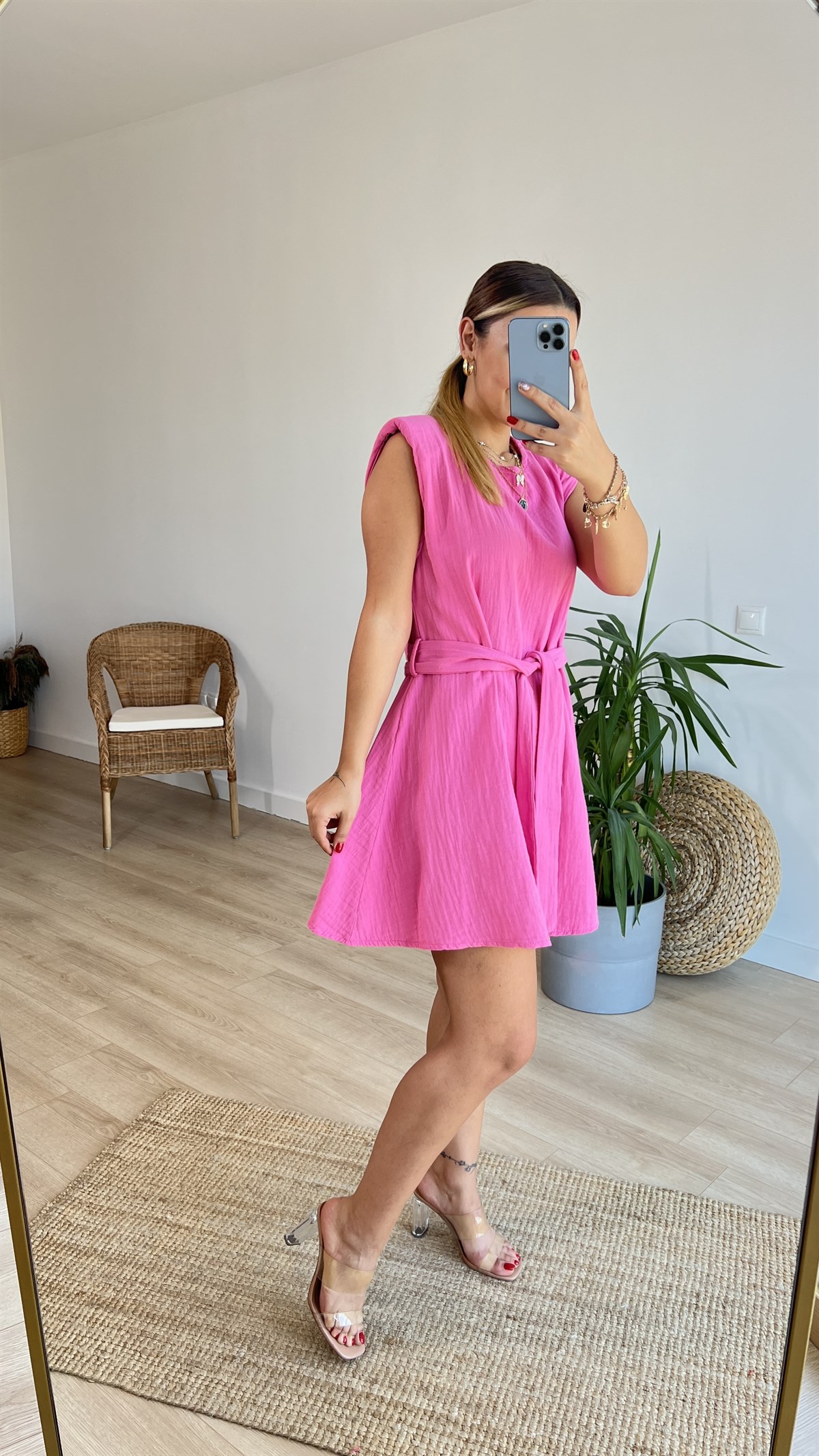 Müslin Kumaş Vatkalı Pembe Elbise