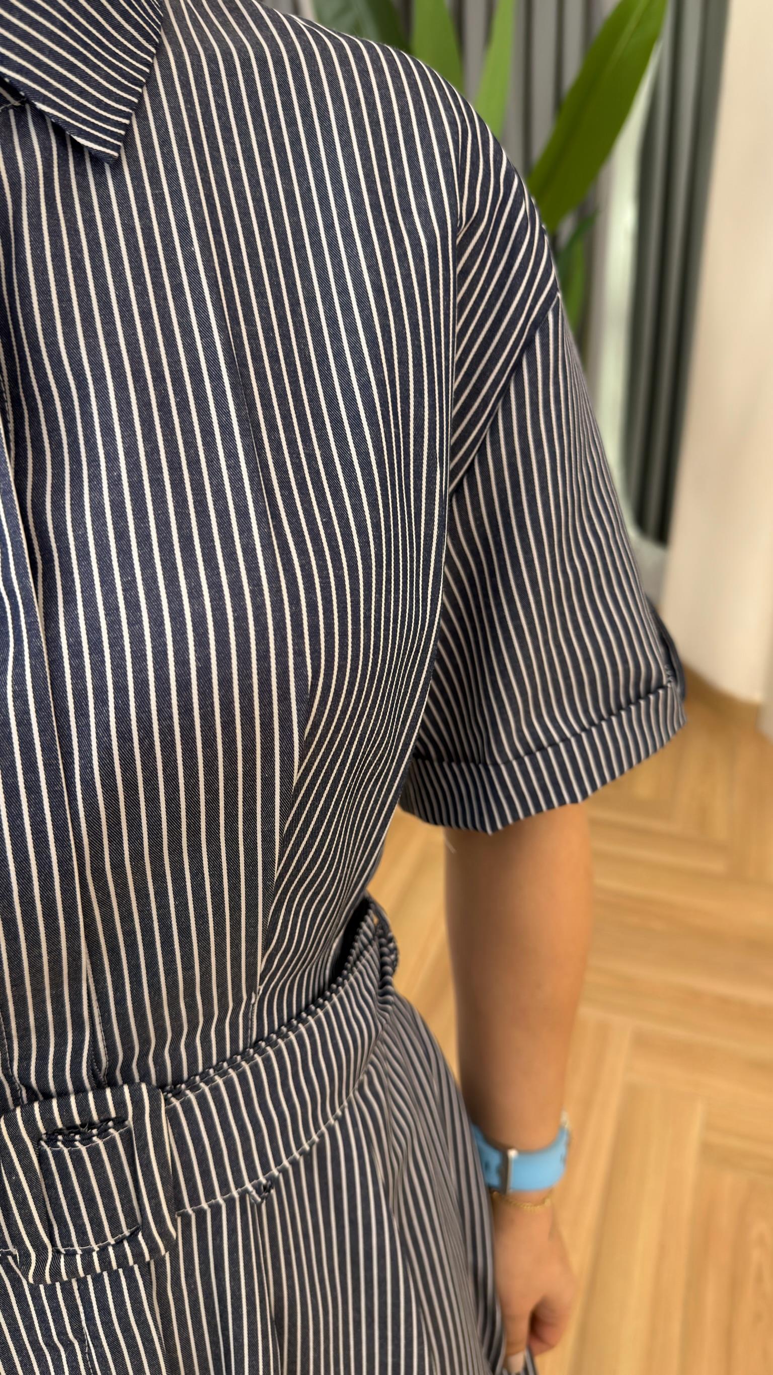 Lacivert Litary Çizgili Poplin Elbise 