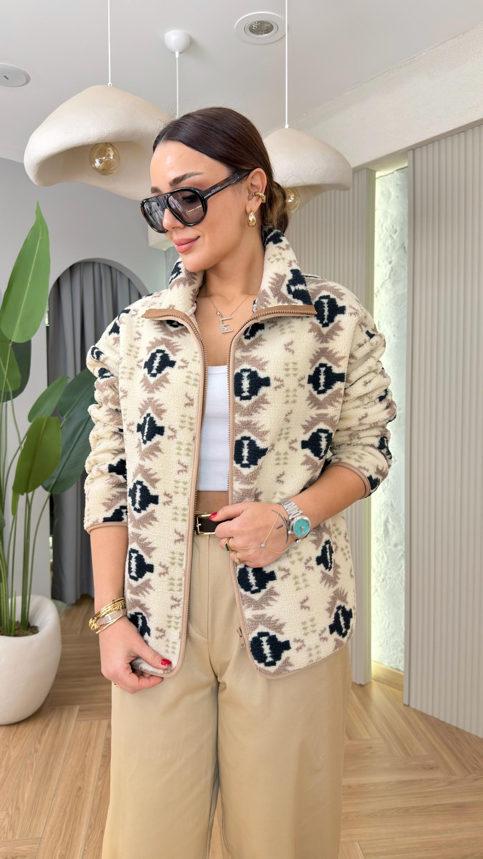 Mojno Bej Siyah Renk Geçişli Oversize Fermuarlı Peluş Sweat