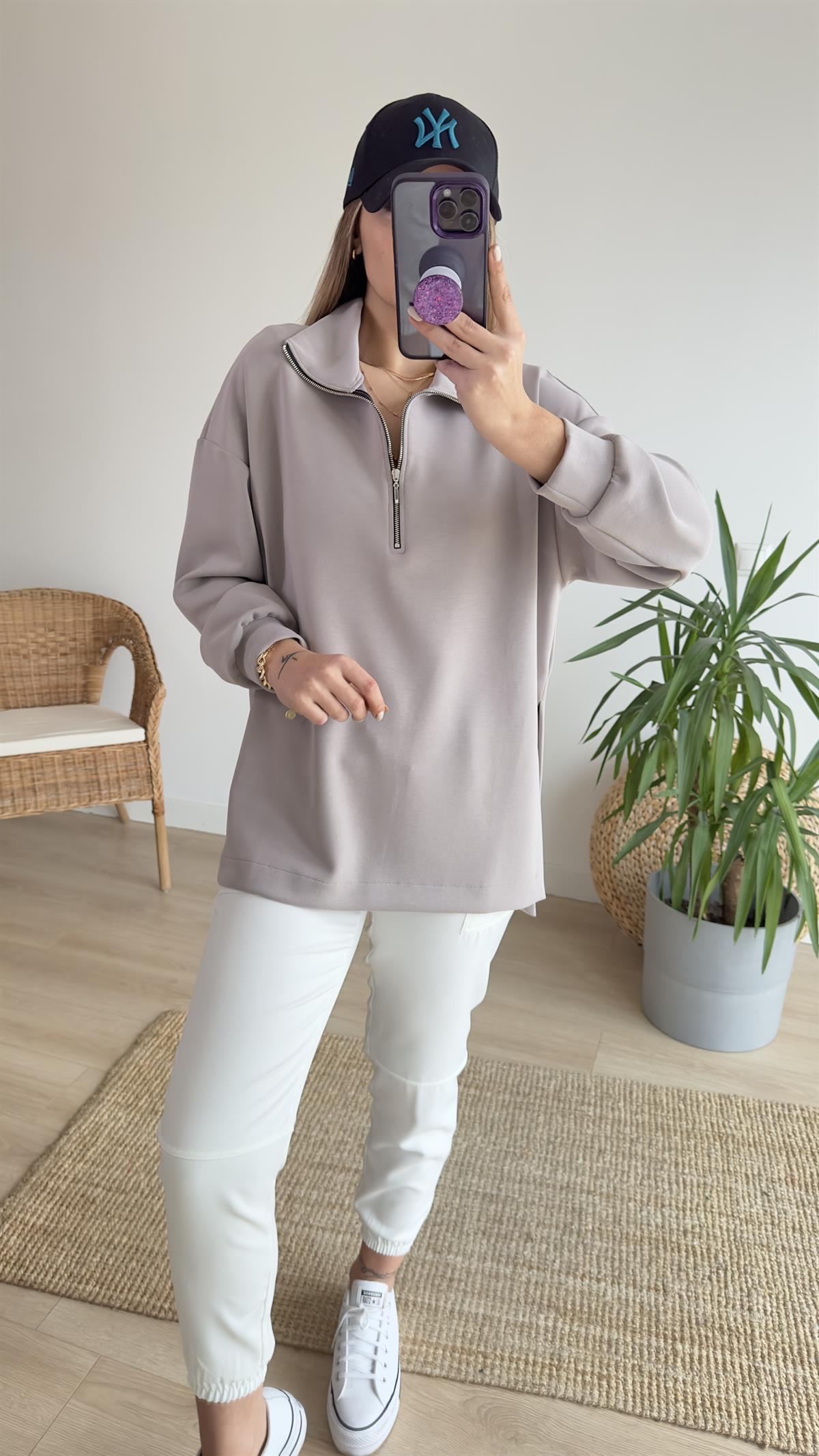 Yarım Fermuar Bej Modal Sweat