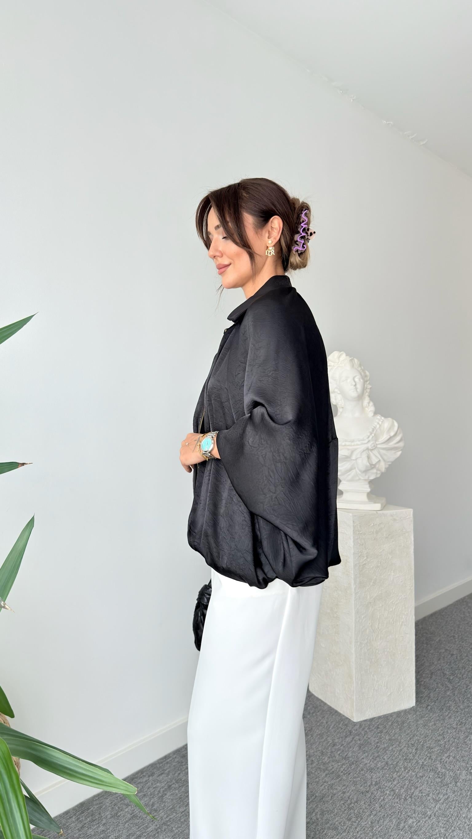 Siyah Seru Zra Model Oversize Saten Ceket  