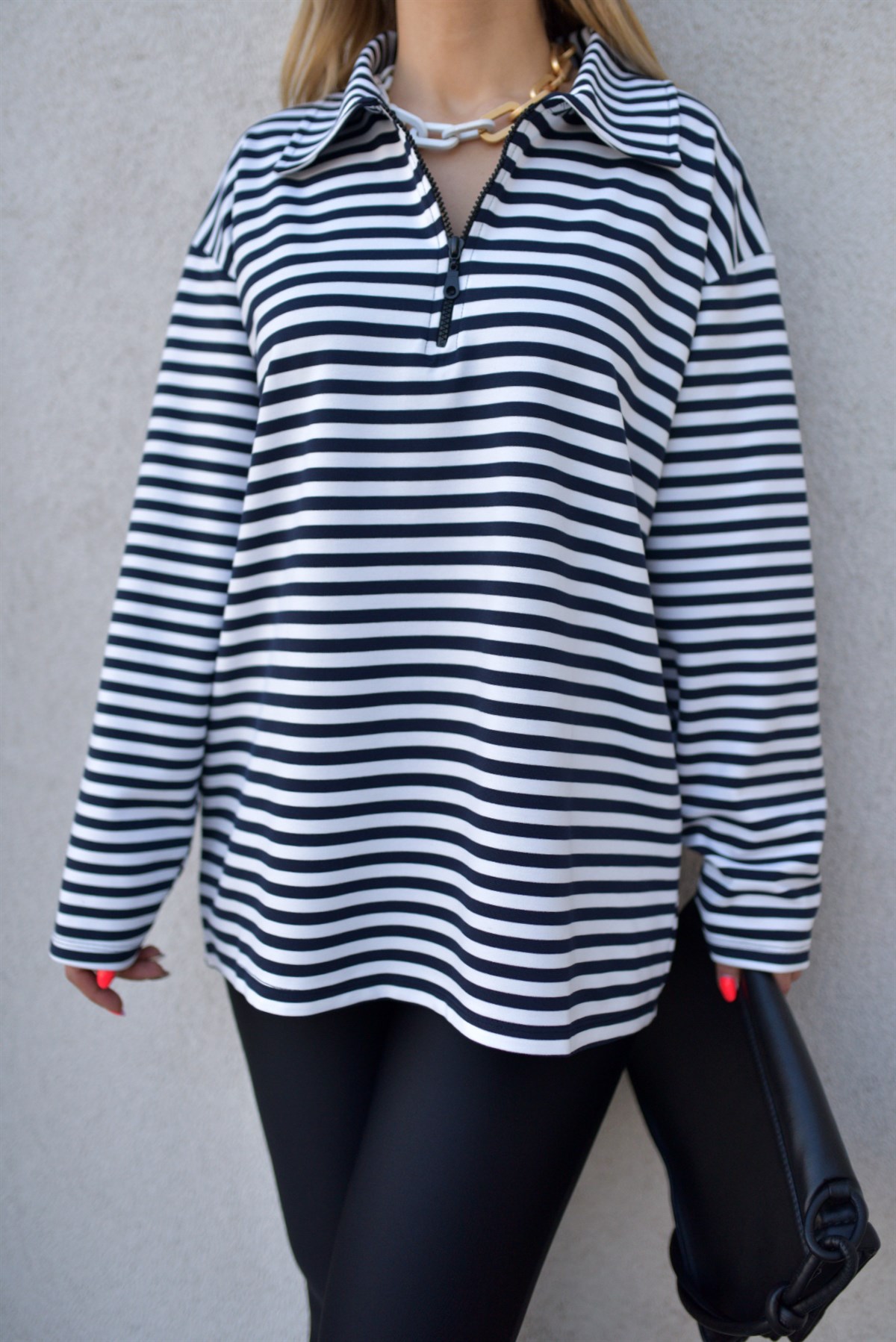 Çizgili Polo Yaka Sweatshirt