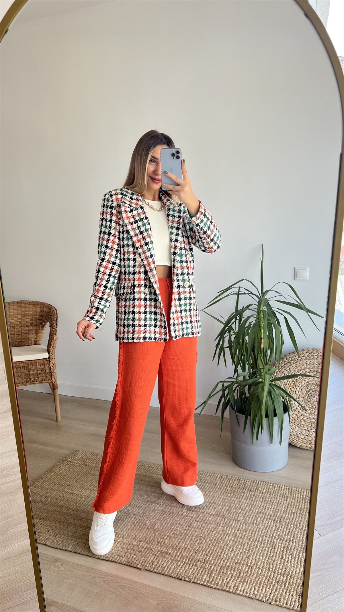 Turuncu Ekose Blazer Ceket
