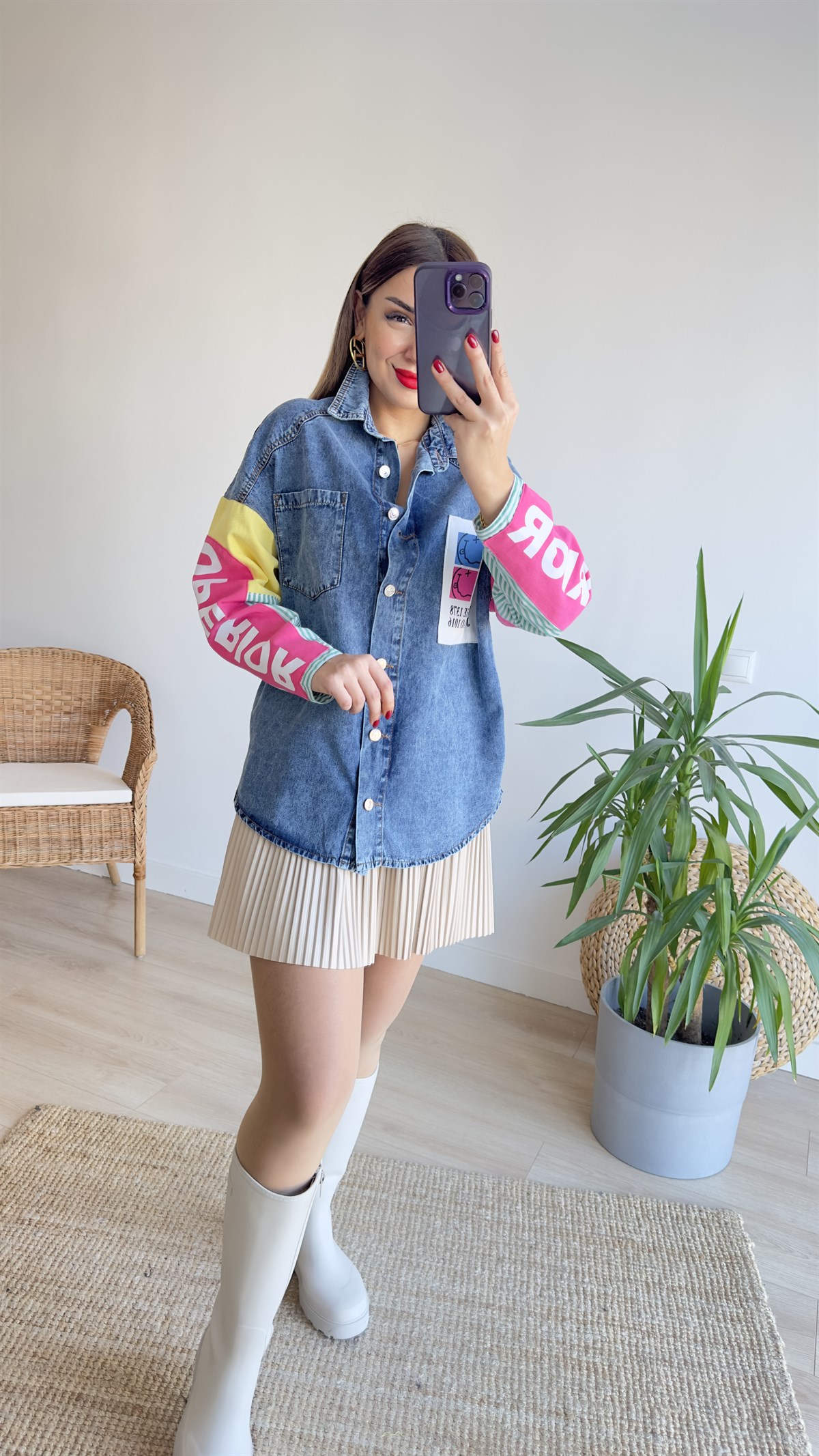 Yazı Ve Poplin Detaylı Kot Gömlek