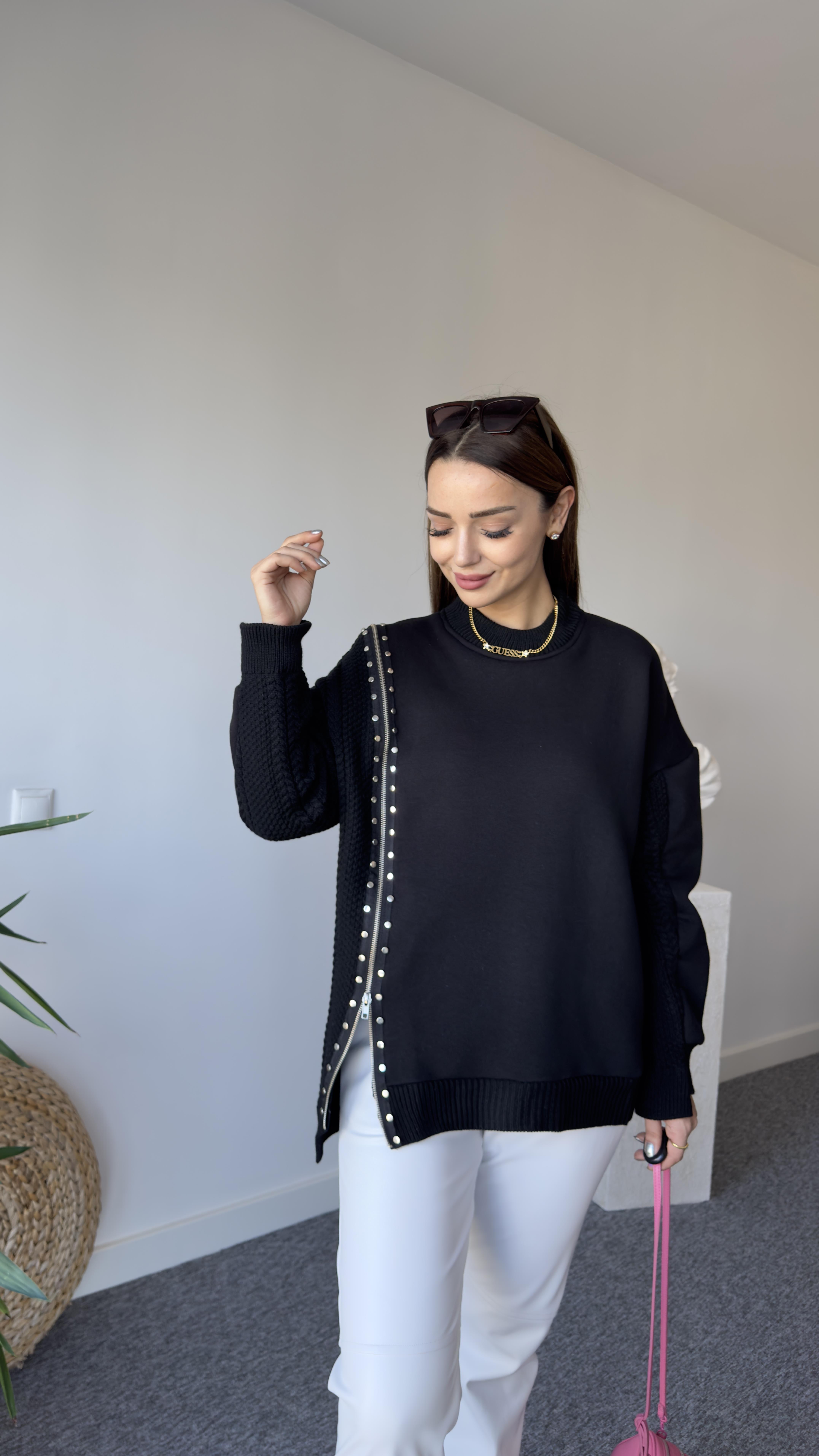 Fermuarlı Taş Detay Orj Model Siyah Tasarım Sweat 