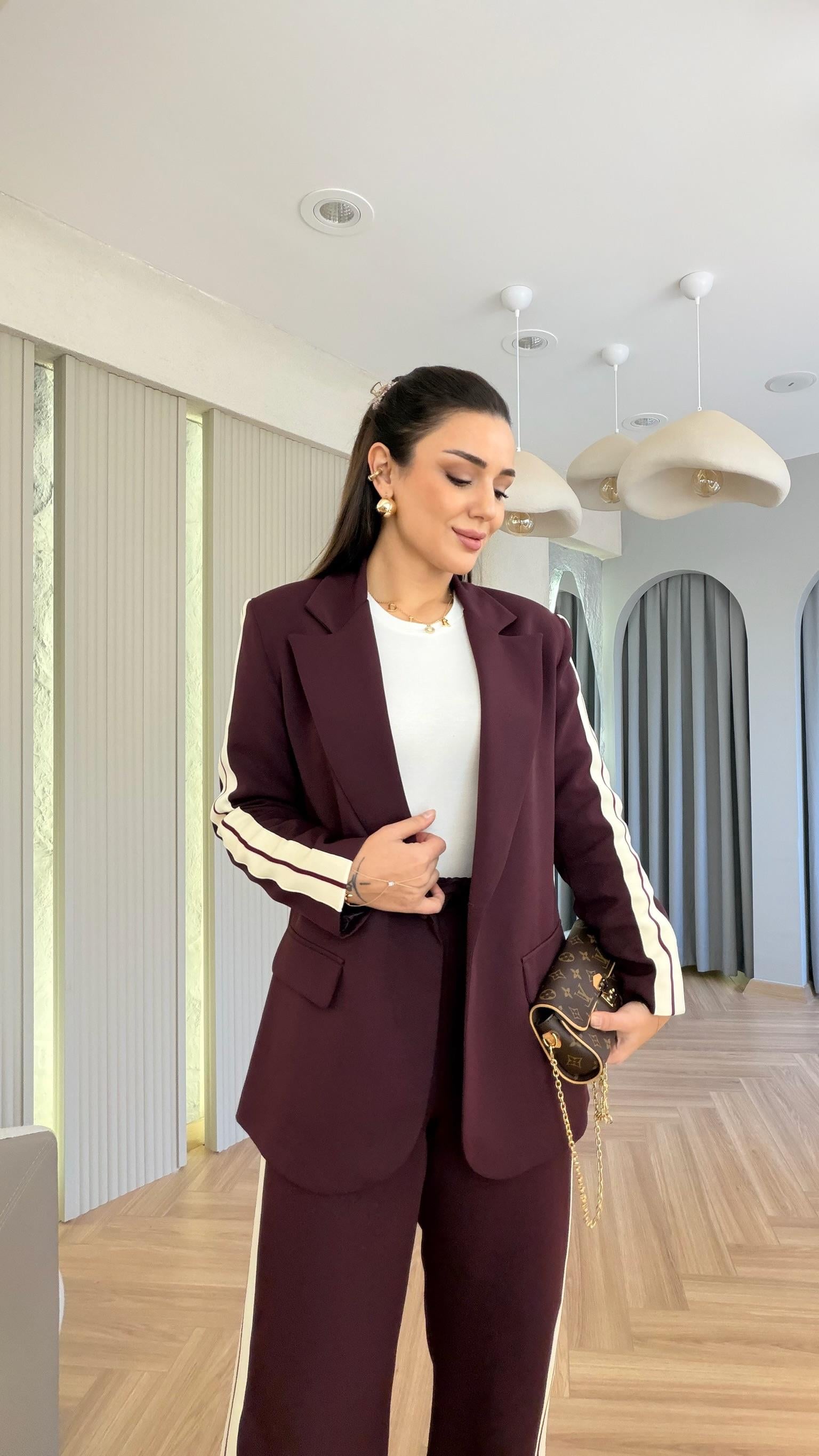Bordo Materi Şerit Detaylı Ceket Pantolon Takım