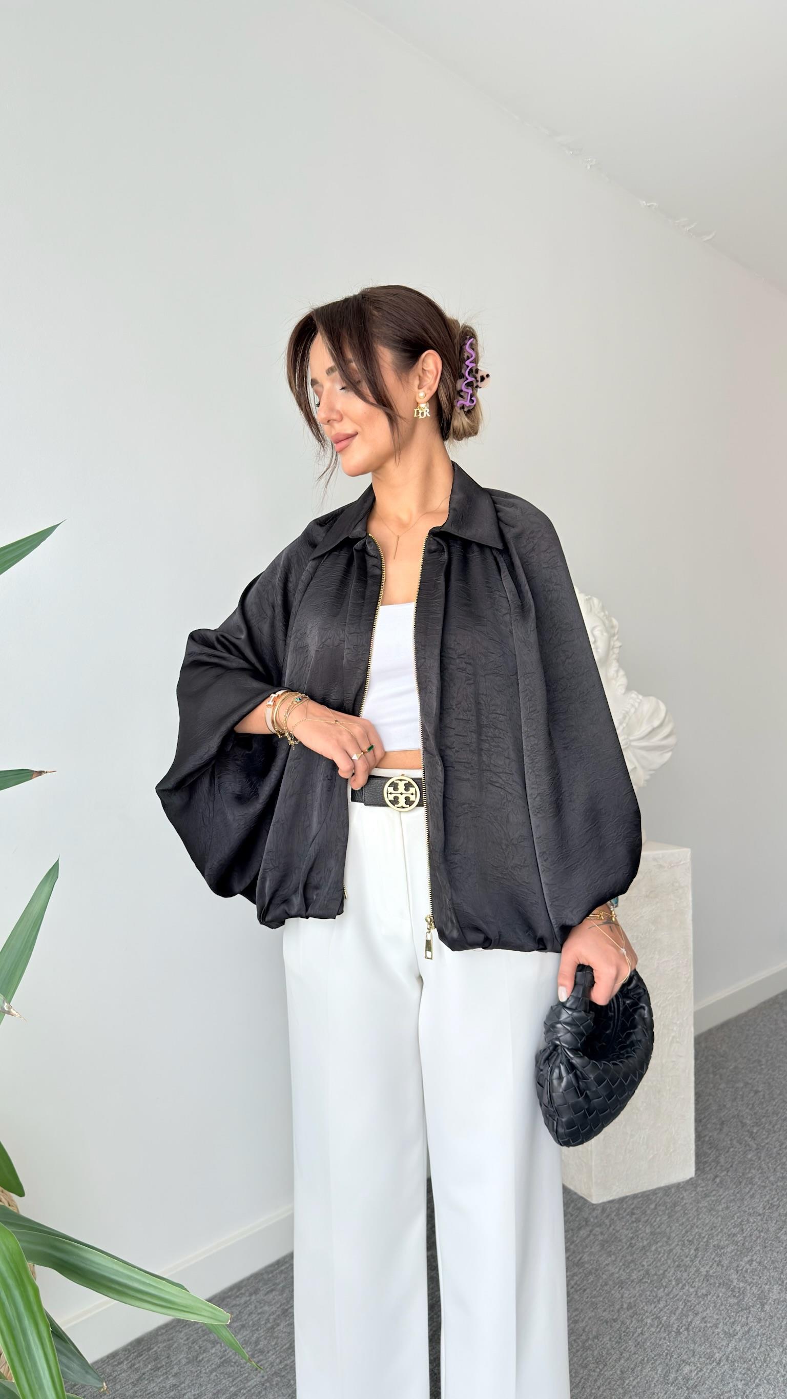 Siyah Seru Zra Model Oversize Saten Ceket  