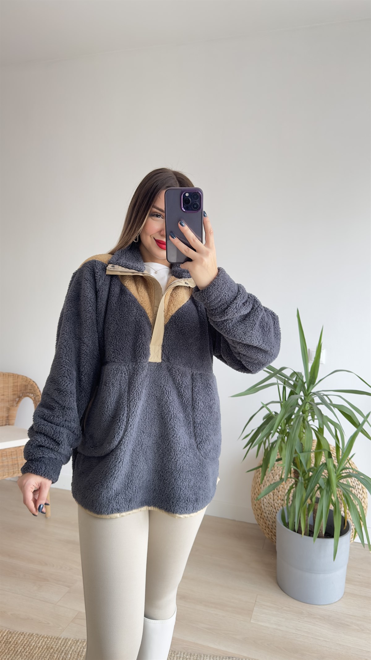 Yarım Fermuar Cepli Antrasit Polar Sweat