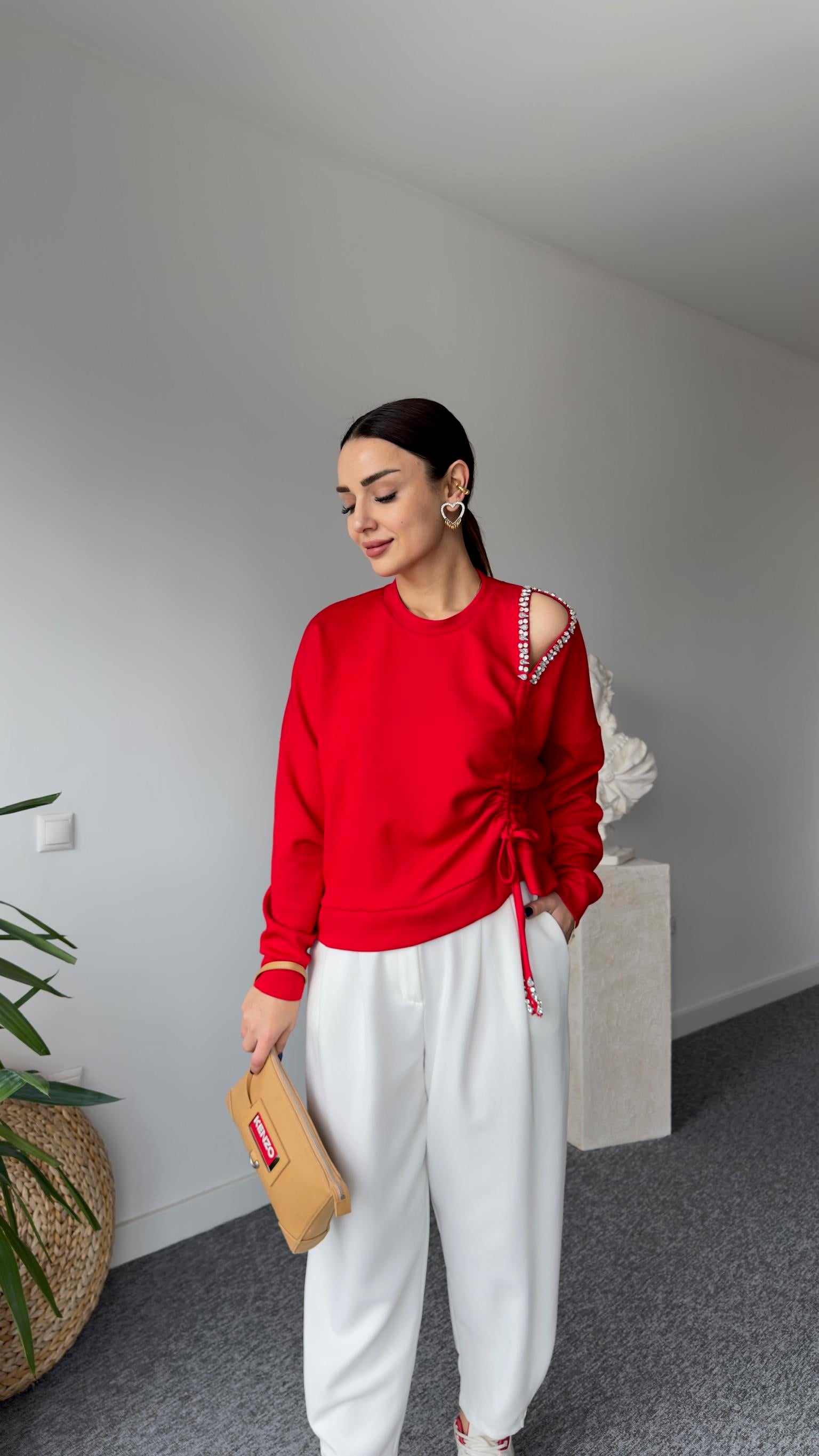Premıum Büzgülü Taş Detay Kırmızı Modal Sweat