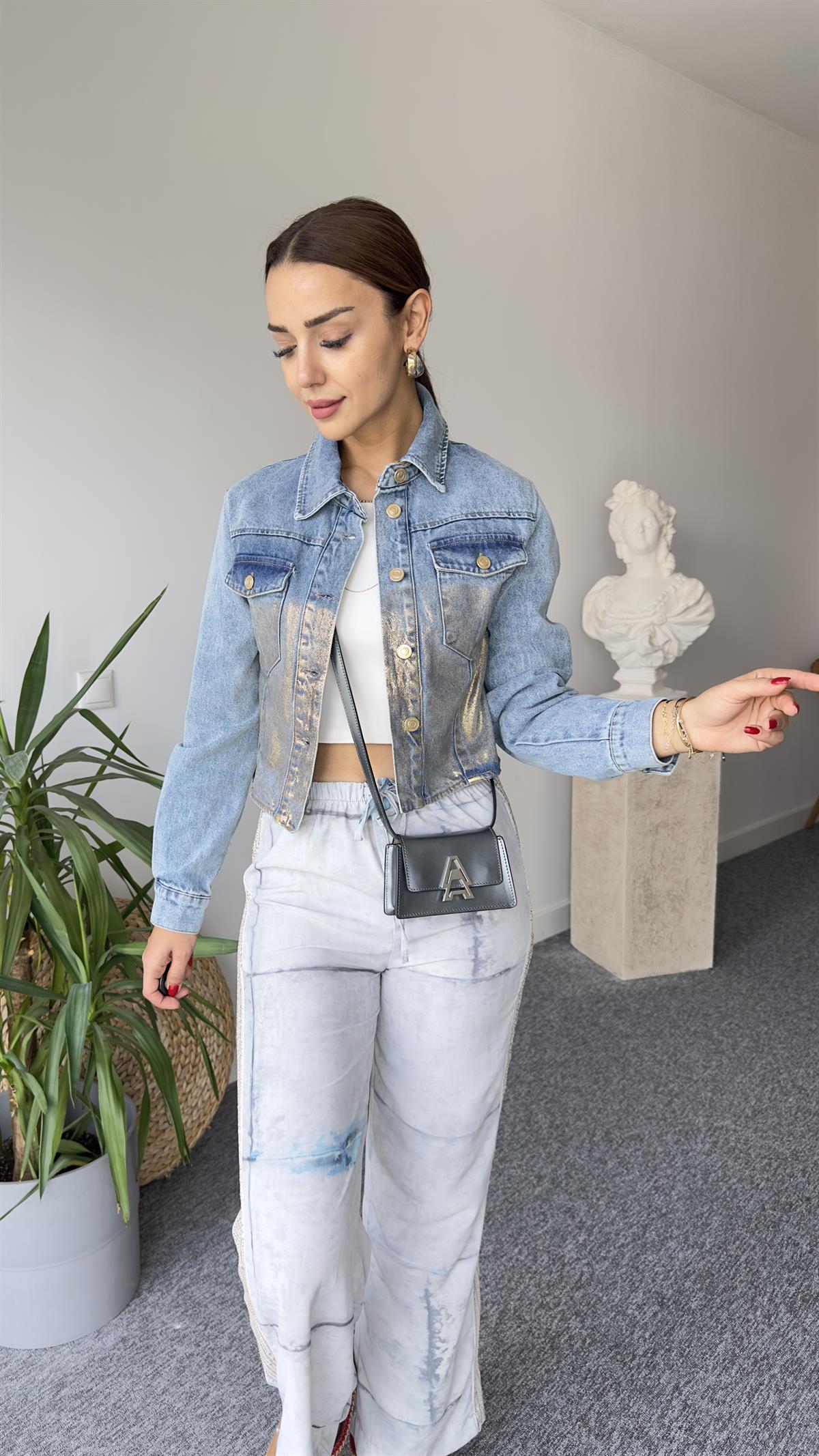 Zra Model Gold Metalik Detay Jean Ceket