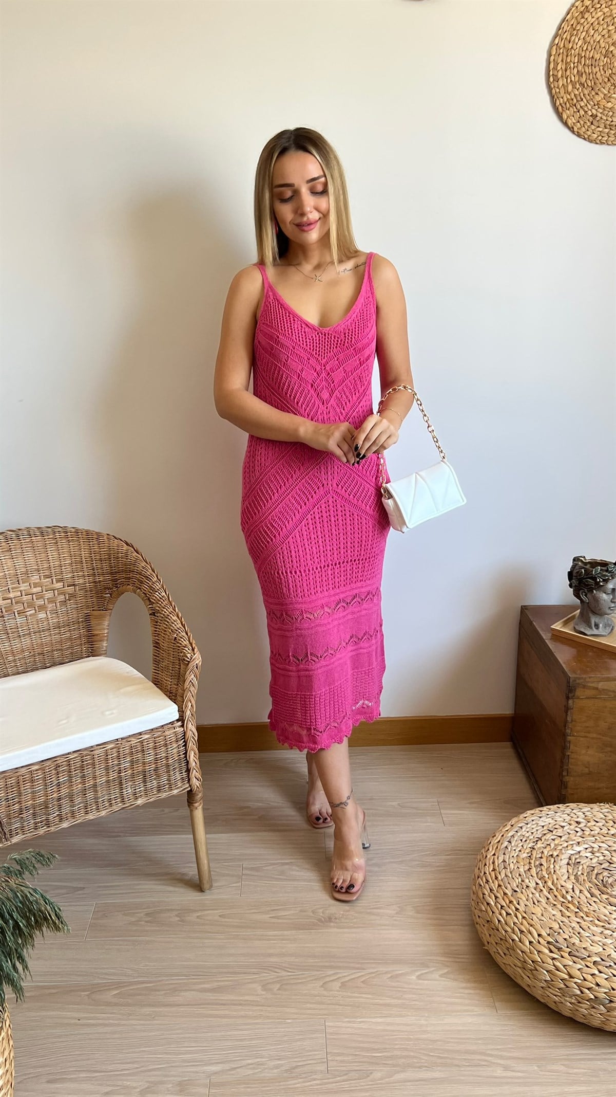 Pembe İp Askılı Örme Desen Astarlı Elbise