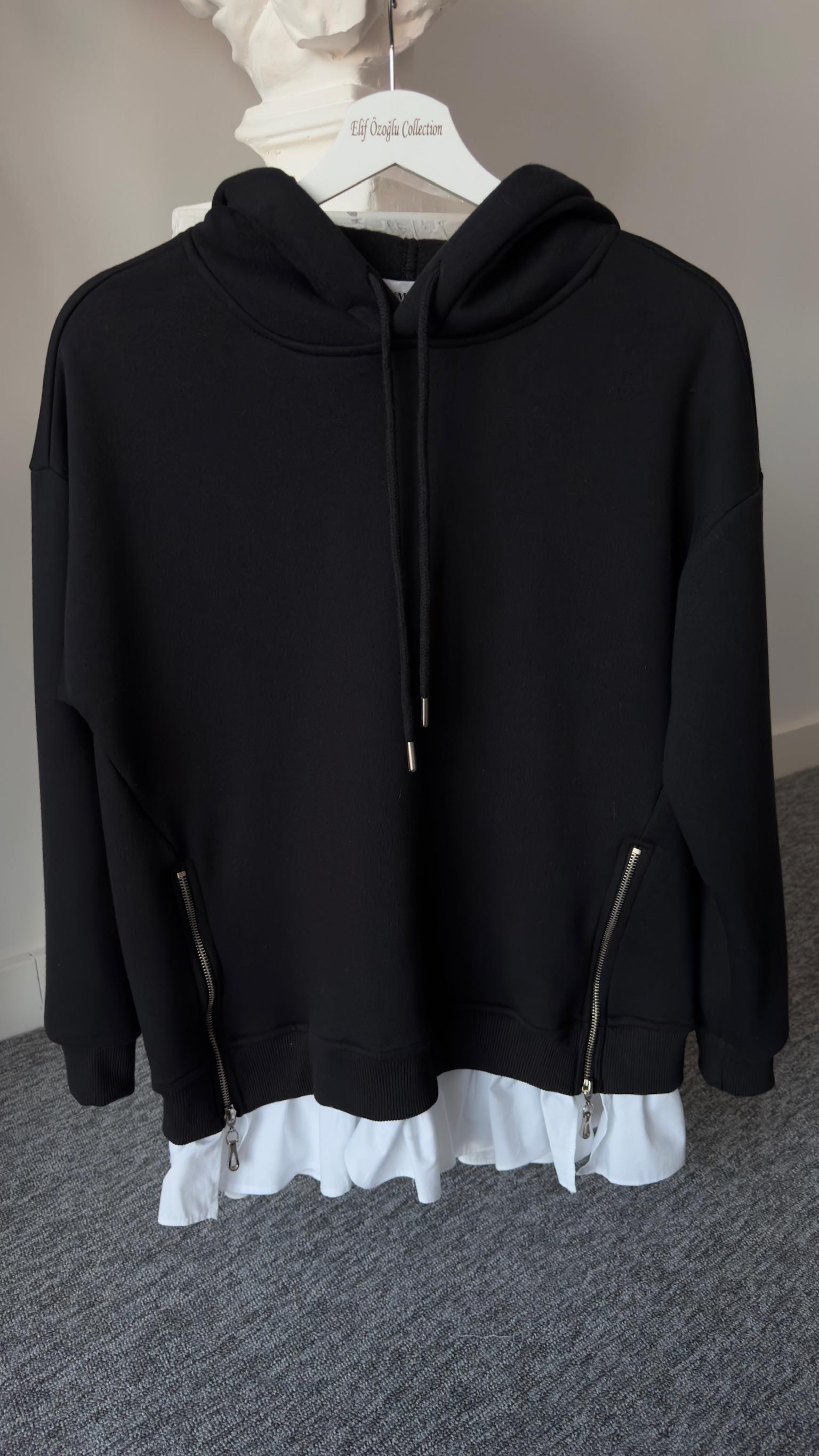 Altı Poplin Detay Yanlar Fermuarlı Siyah Sweat
