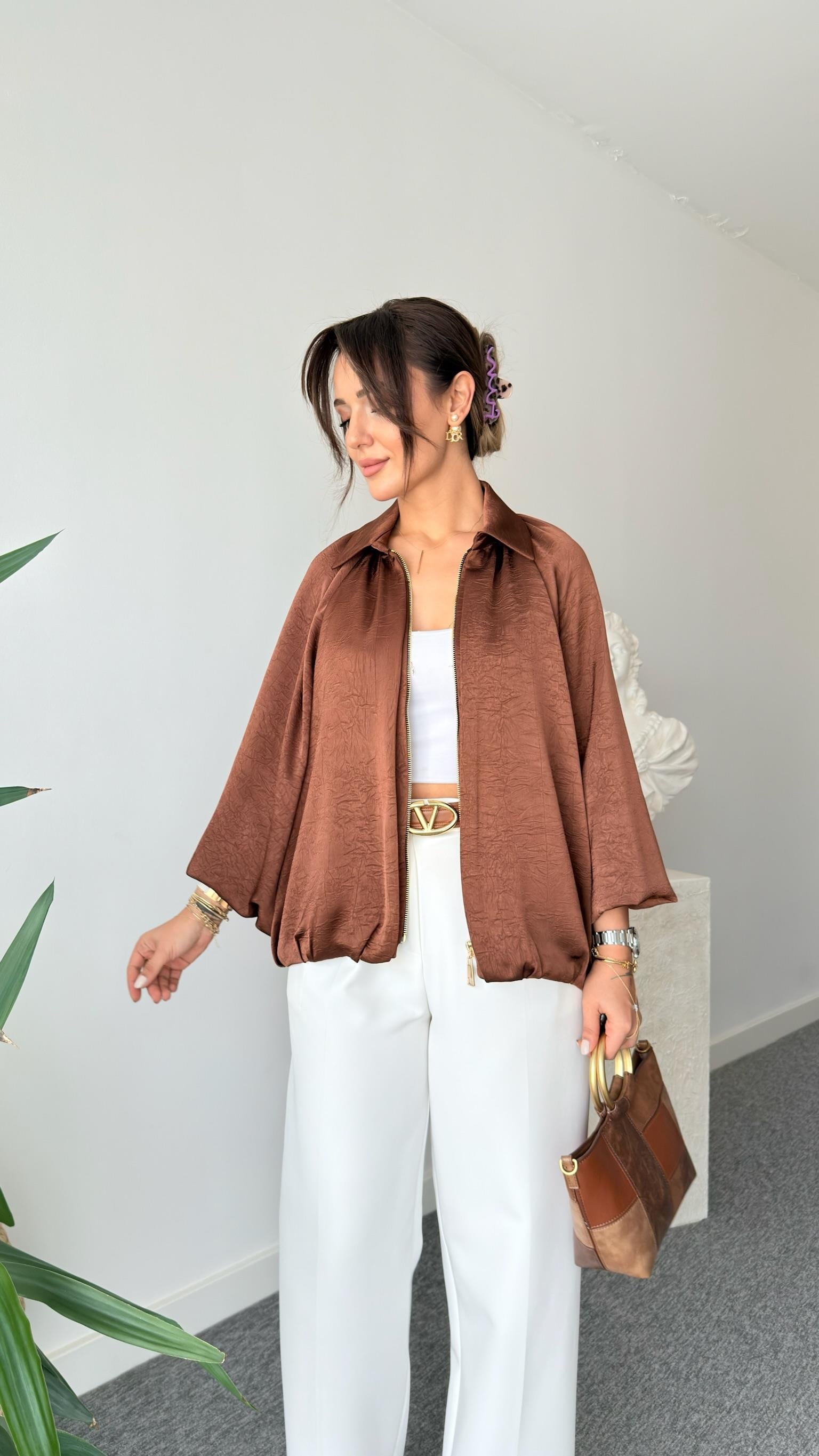 Kahve Seru Zra Model Oversize Saten Ceket   