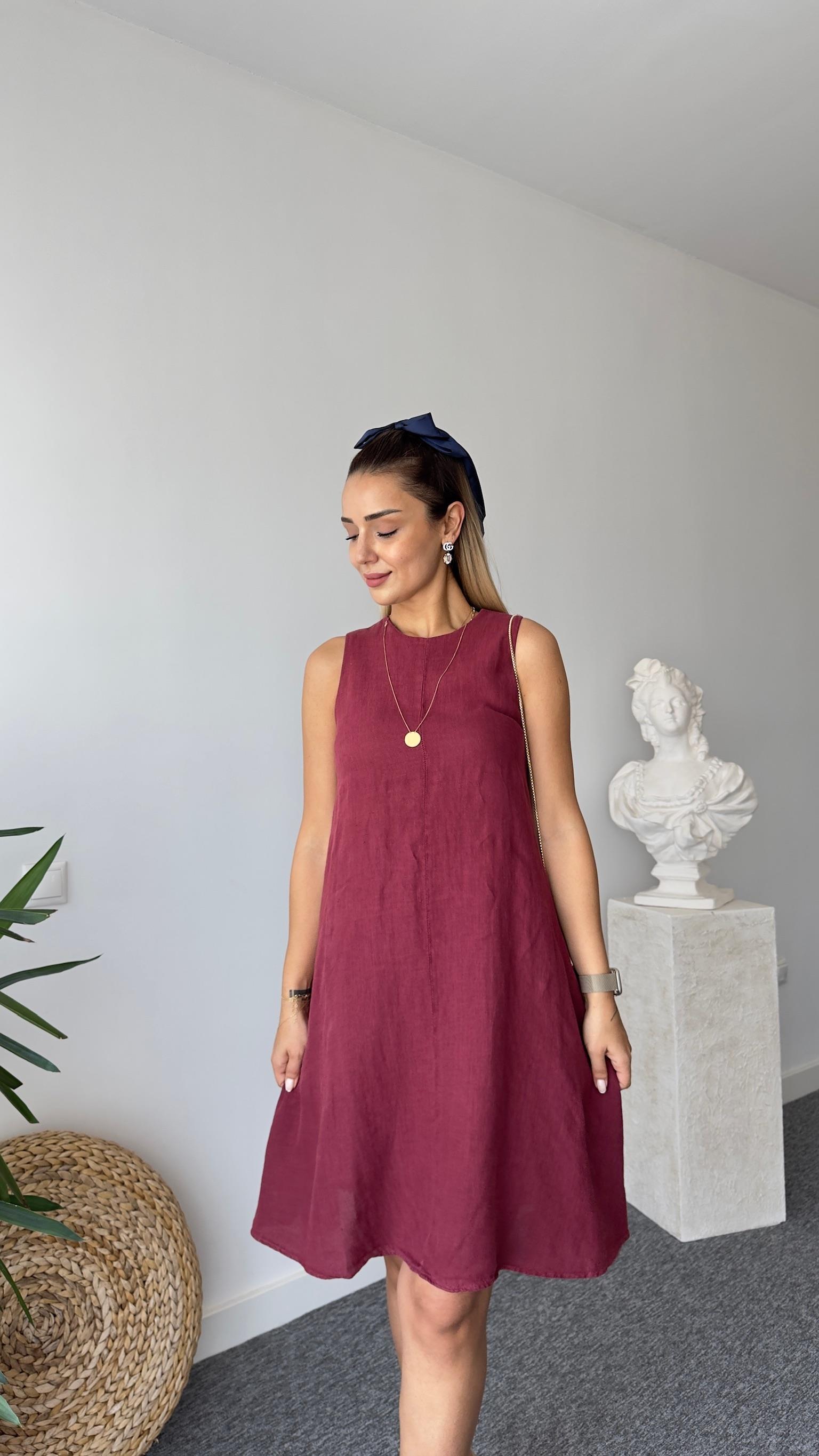 Kolsuz Keten Bordo Elbise 