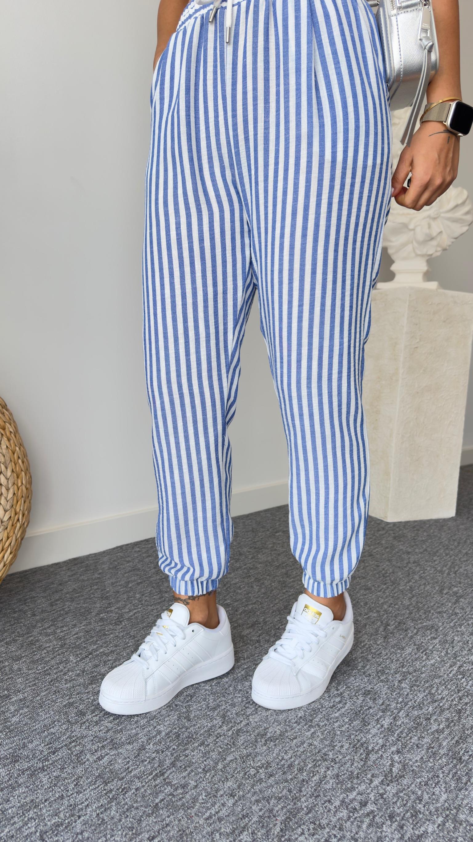 Mavi Çizgili Keten Jogger Pantolon