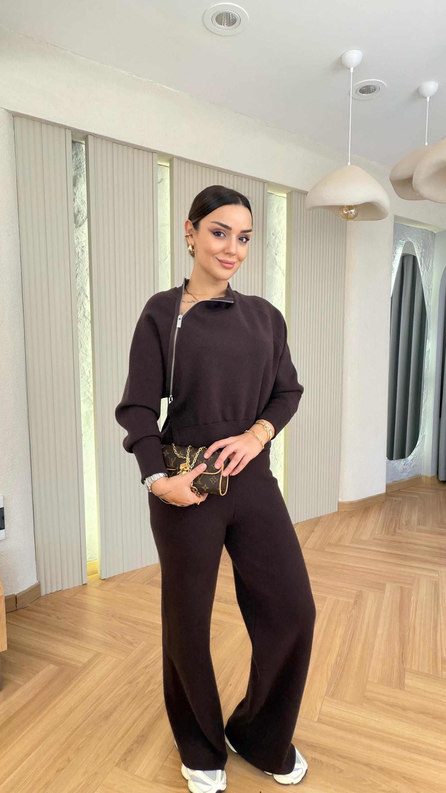Kahve Delma Premium Fermuar Detaylı Takım