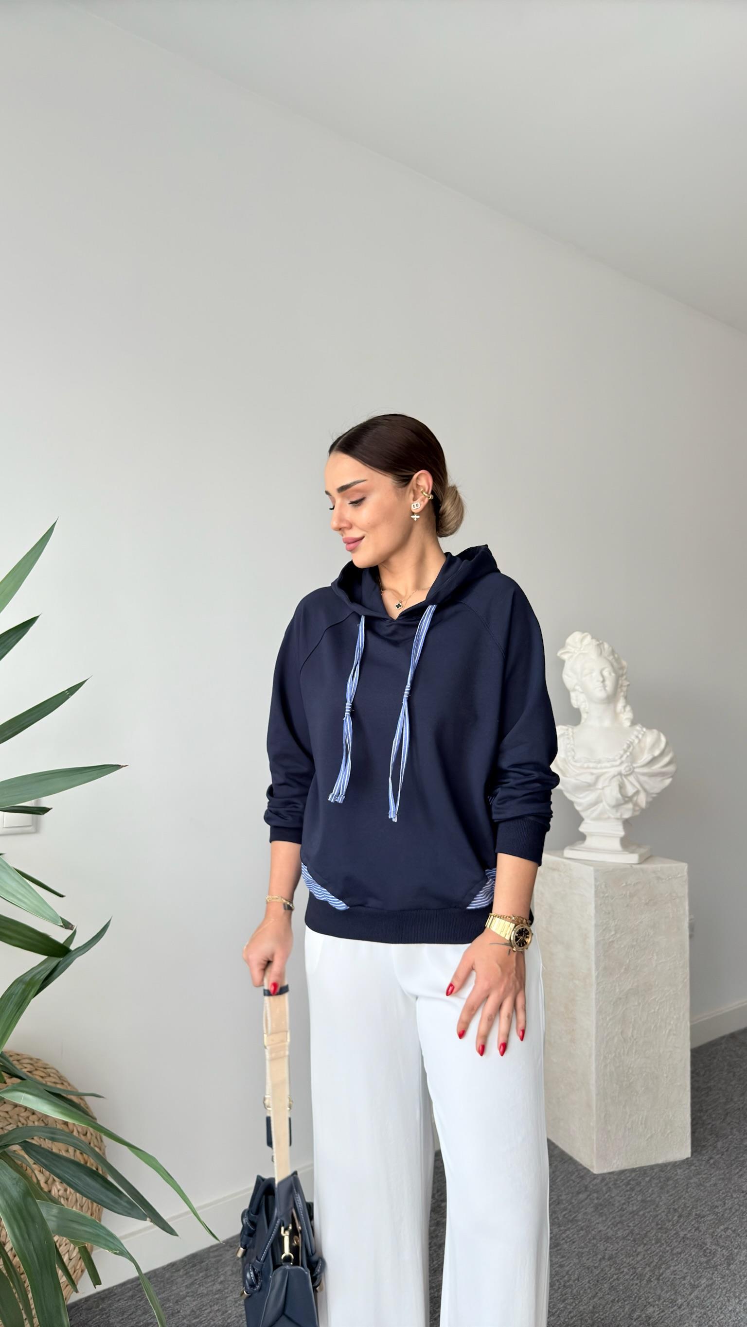 Lacivert Reste Poplin Garnili Sweatshirt