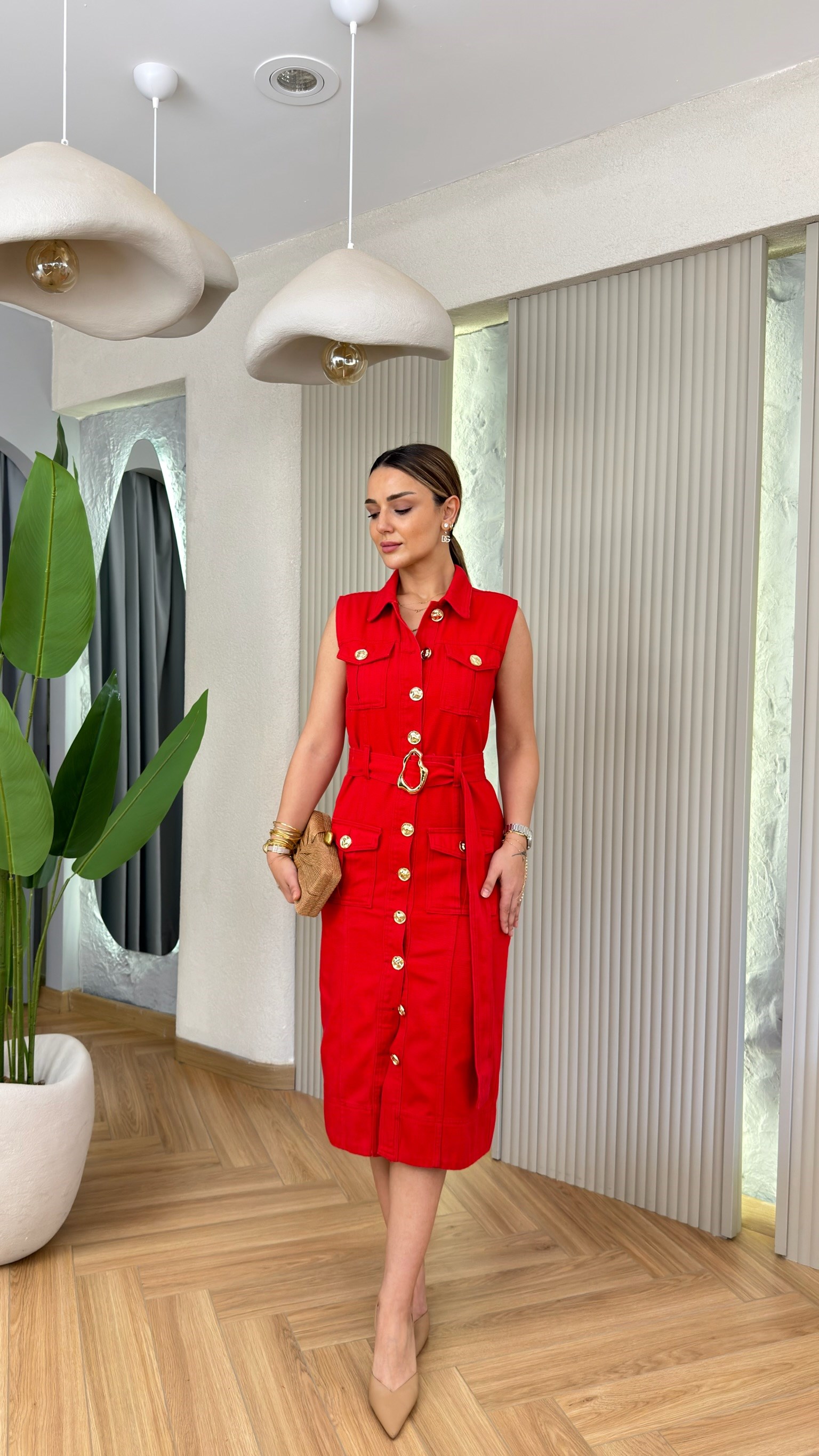 Cesia Gold Düğmeli Kırmızı Gabardin Elbise