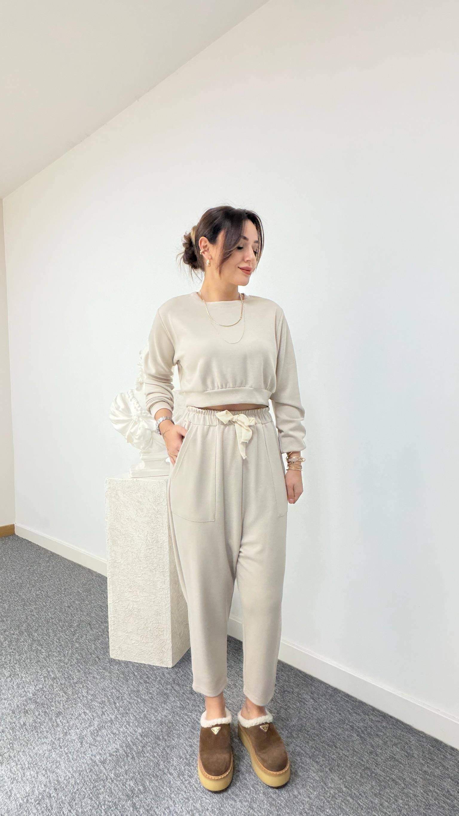 Bej Crop Sweat Modal Takım
