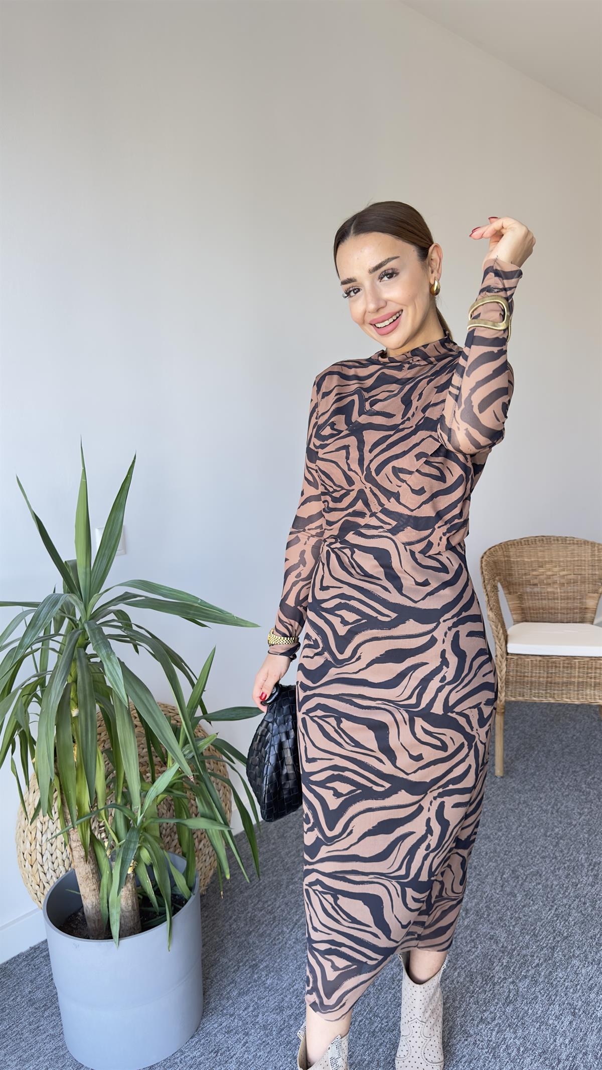 Lıme Zebra Desen Parçalı Uzun Elbise