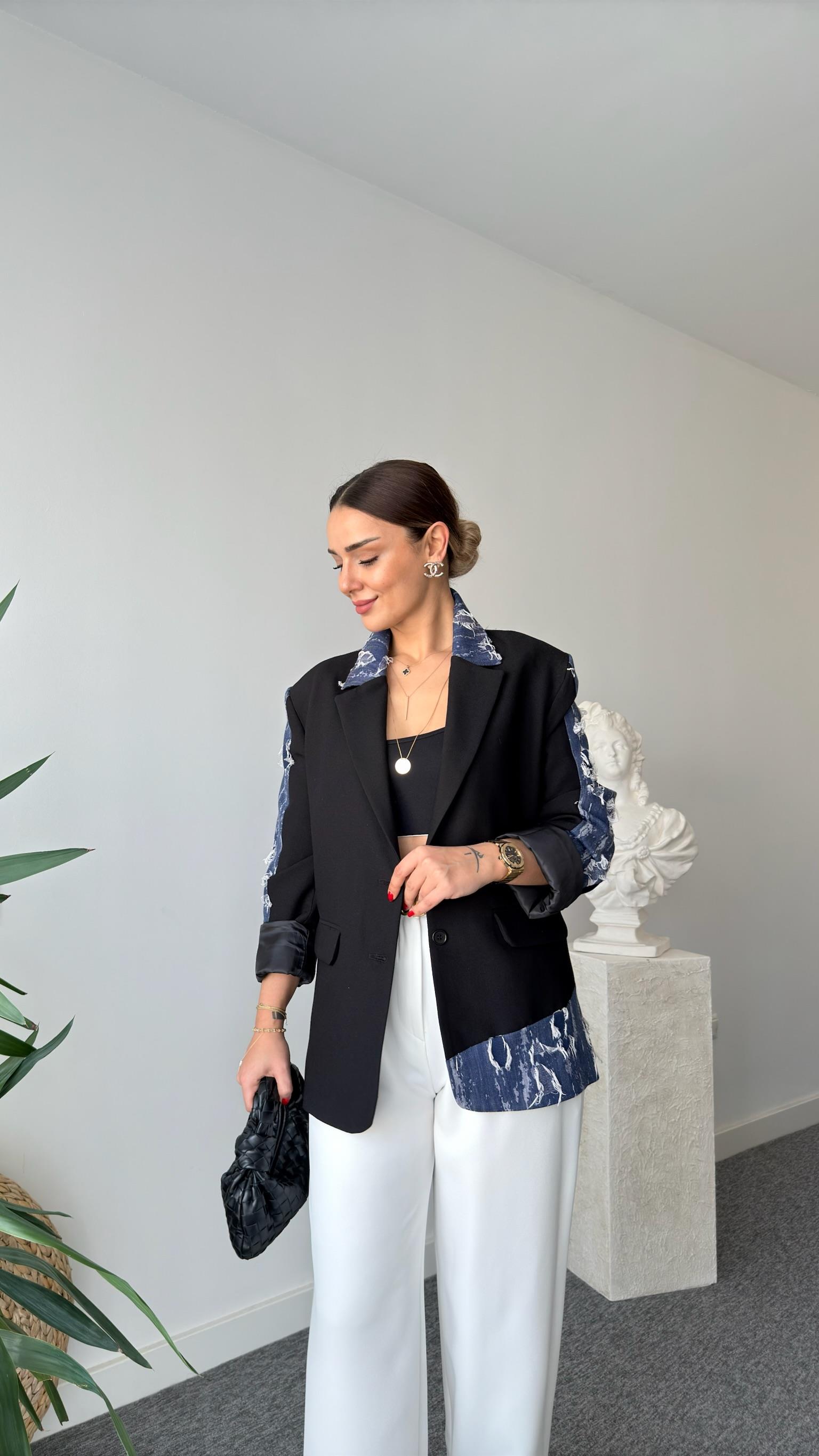 Siyah Zra Yırtık Kot Detaylı Blazer